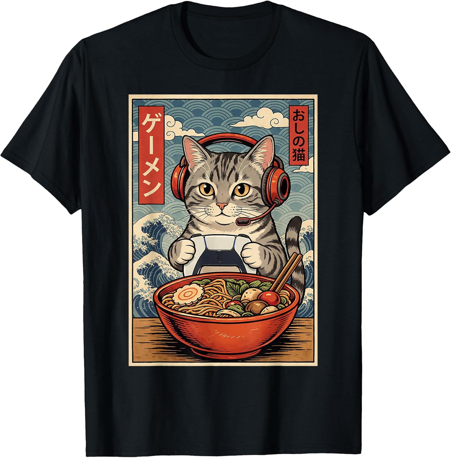 Cute Kawaii Gamer Cat Funny Ramen Retro Japanese - Adult & Kids T-Shirts, Sweatshirts & Hoodies apparel design preview 1