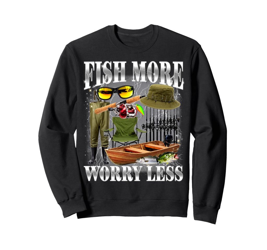Fish More Worry Less Bootleg 90S Sweatshirt - Graphic Print for Adults - T-Shirt, Sweatshirt, Hoodie