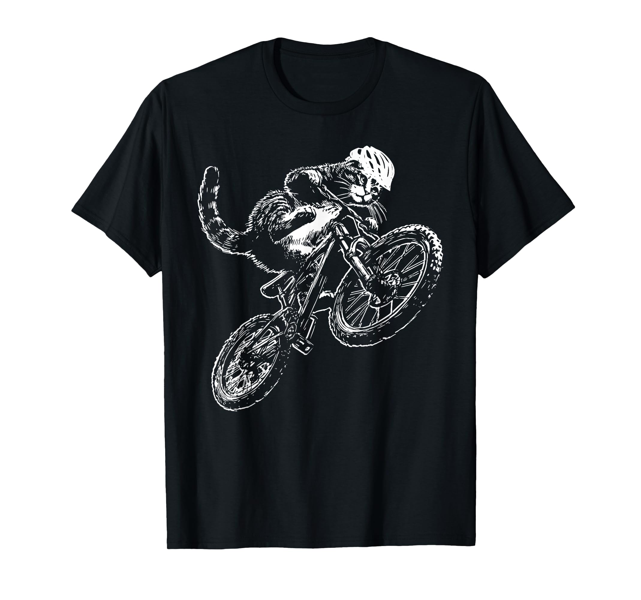 Cat Riding Bicycle Helmet Mountain T-Shirt - Custom Art Print for Adults - T-Shirt, Sweatshirt, Hoodie