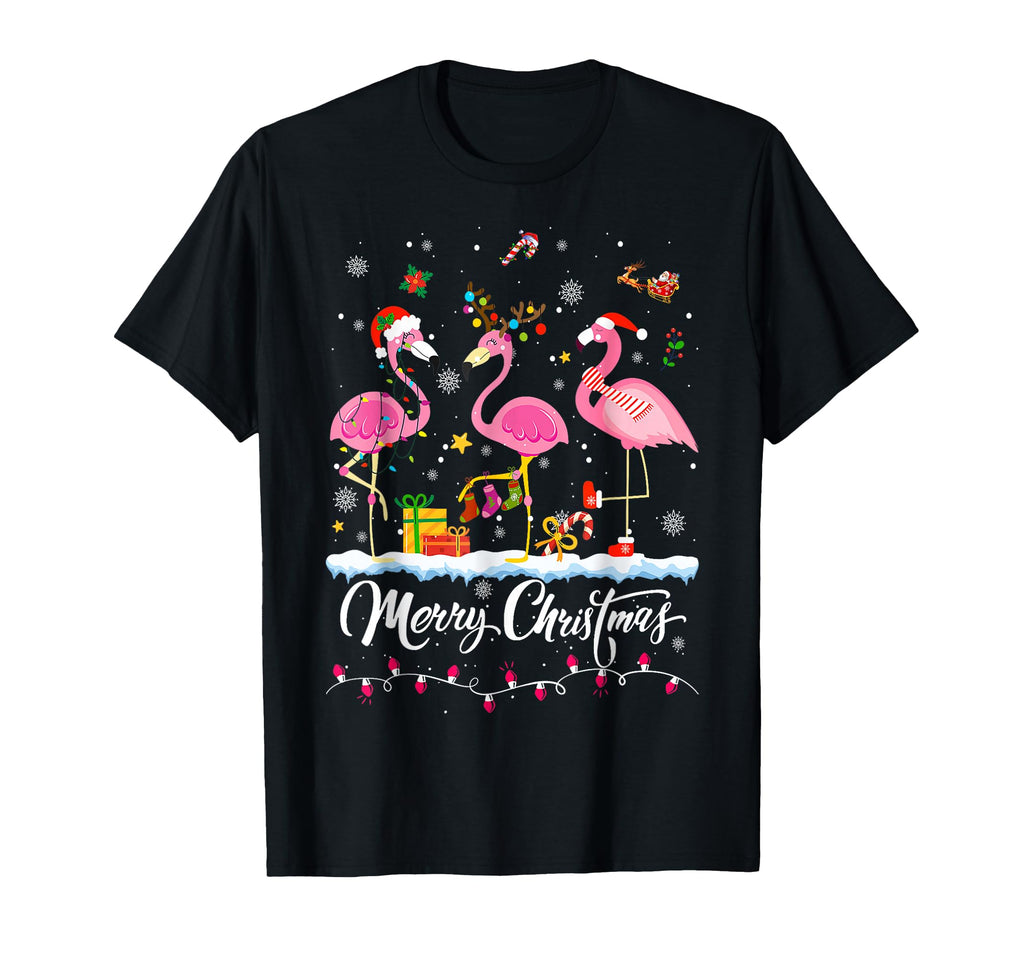 Merry Hat Santa Flamingo Light Snow T-Shirt - Custom Art Print Men Women - T-Shirt, Sweatshirt, Hoodie