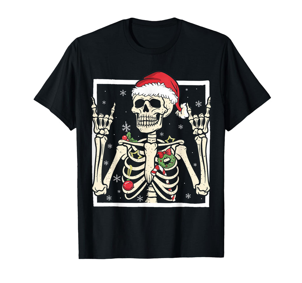 Rocker Skeleton Santa Hat Punk Rock T-Shirt - Custom Art Print Unisex - T-Shirt, Sweatshirt, Hoodie