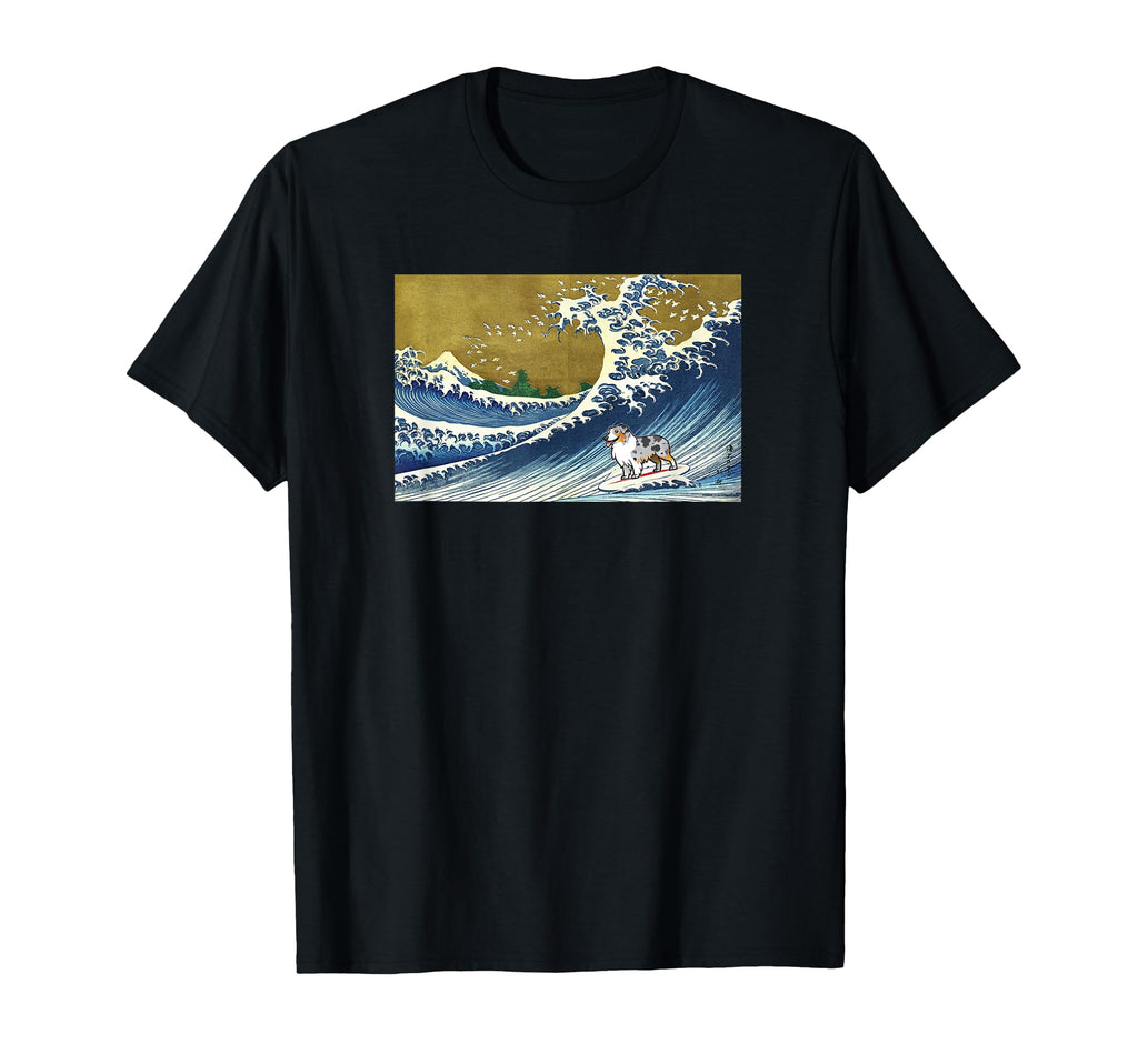 Funny Surfing Wave Blue Merle Aussie Lover T-Shirt - Graphic Print Unisex - T-Shirt, Sweatshirt, Hoodie