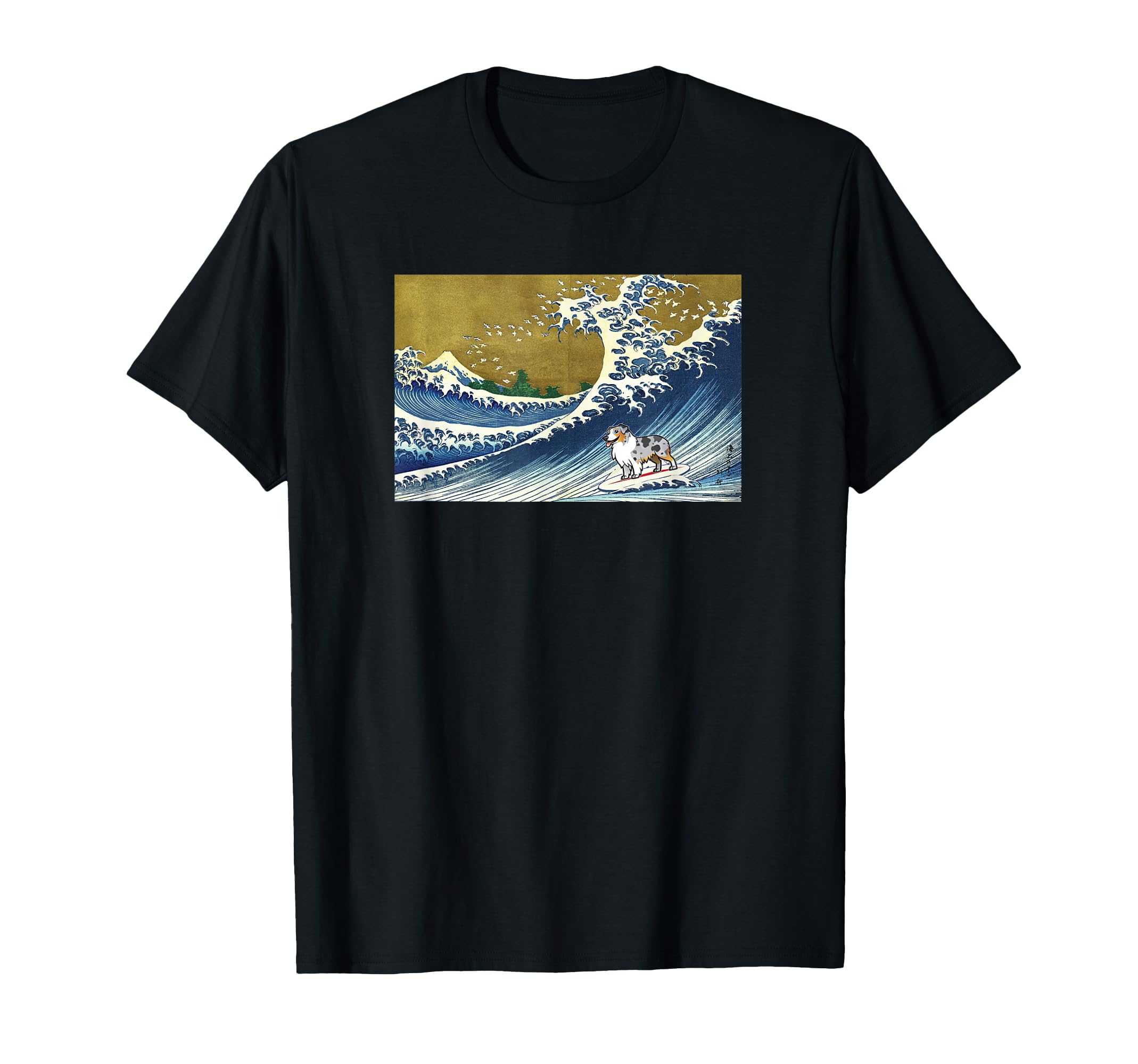 Funny Surfing Wave Blue Merle Aussie Lover T-Shirt - Graphic Print Unisex - T-Shirt, Sweatshirt, Hoodie