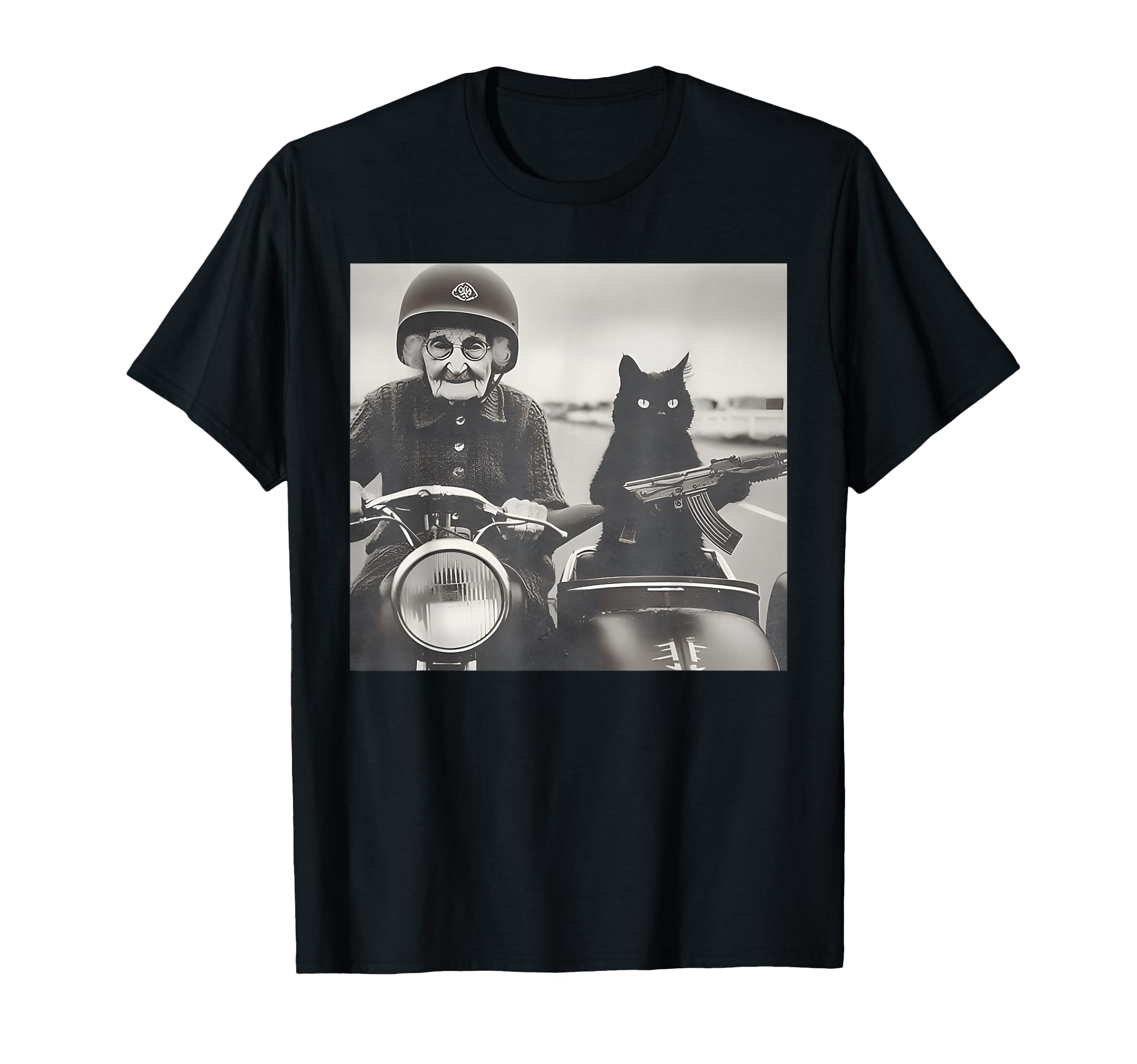 Granny And Her Armed Cat Riding T-Shirt - Minimalist Print Unisex - T-Shirt, Sweatshirt, Hoodie
