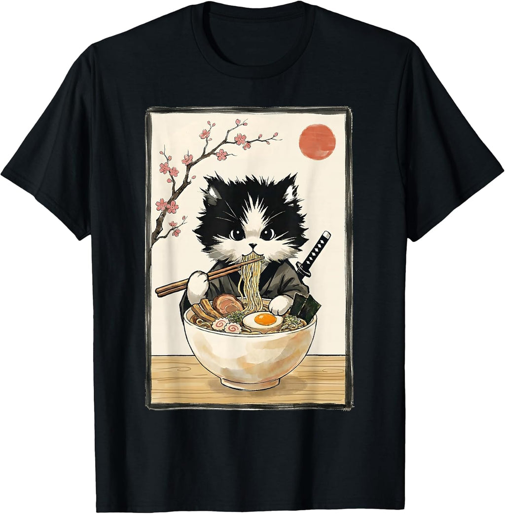 Samurai Cat Japanese Art Ramen Novelty Kawaii Funny - Adult & Kids T-Shirts, Sweatshirts & Hoodies apparel design preview 1