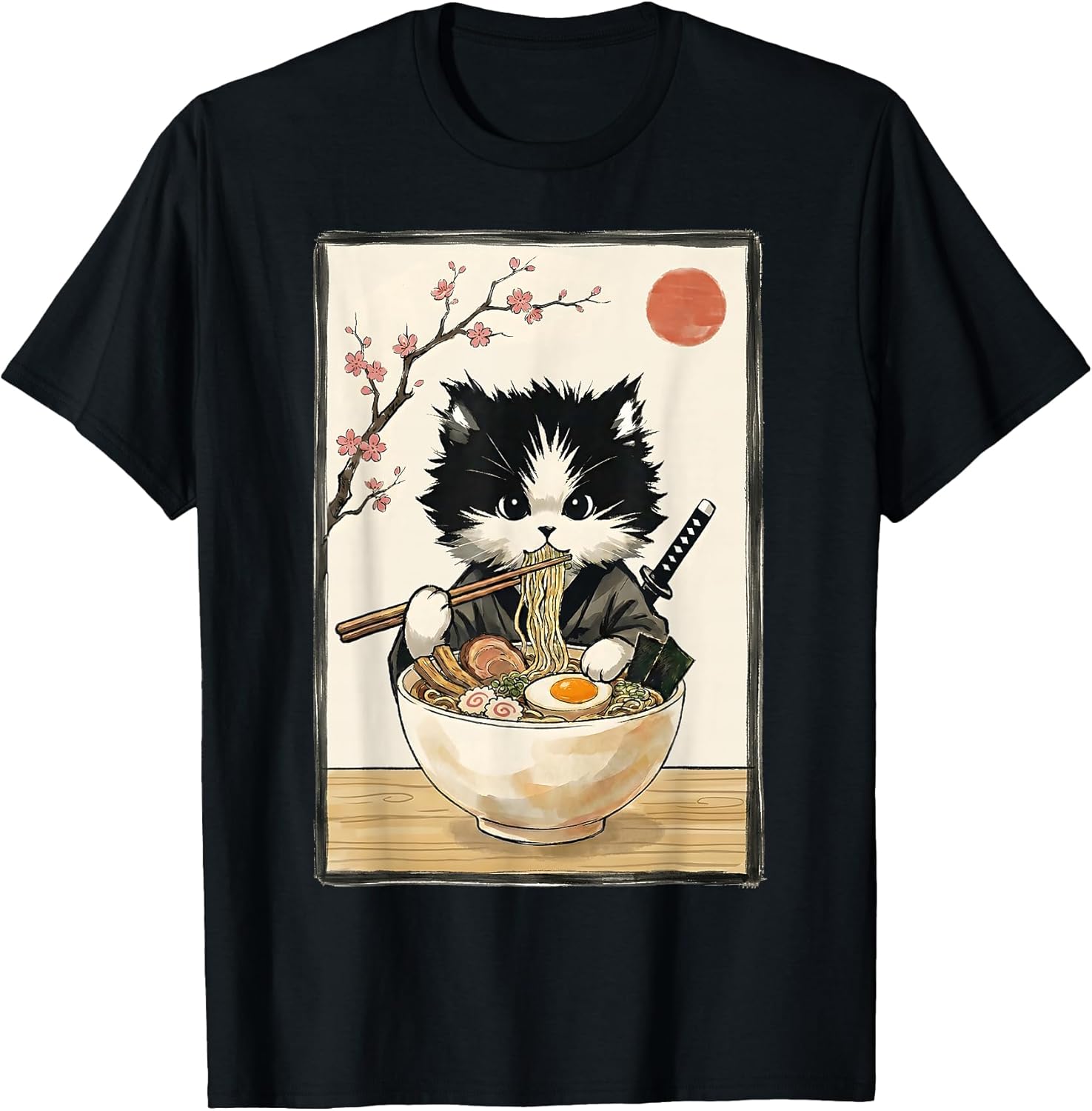 Samurai Cat Japanese Art Ramen Novelty Kawaii Funny - Adult & Kids T-Shirts, Sweatshirts & Hoodies apparel design preview 1