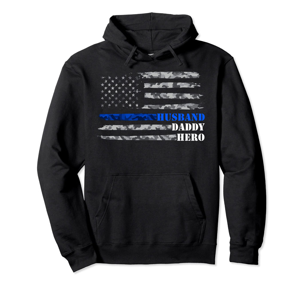 Thin Blue Line Police Dad Hero Husband Hoodie - Trendy Graphic for Adults - T-Shirt, Sweatshirt, Hoodie
