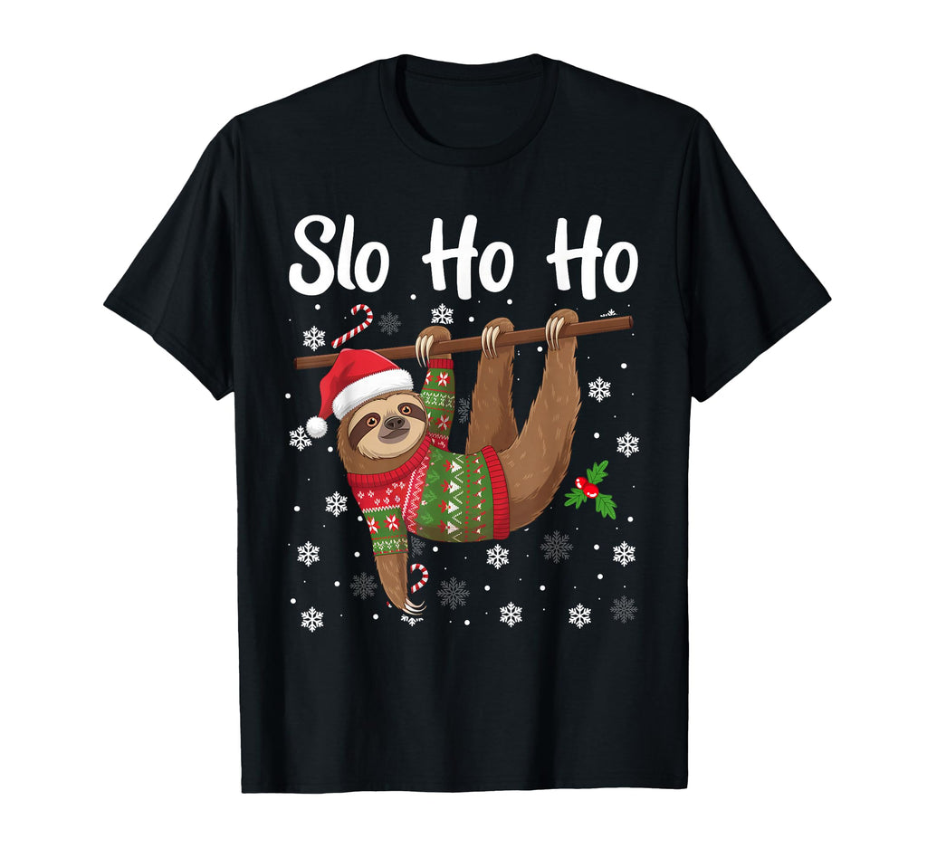 Slo Ho Ho Funny Sloth Santa Hat T-Shirt - Minimalist Print Unisex - T-Shirt, Sweatshirt, Hoodie