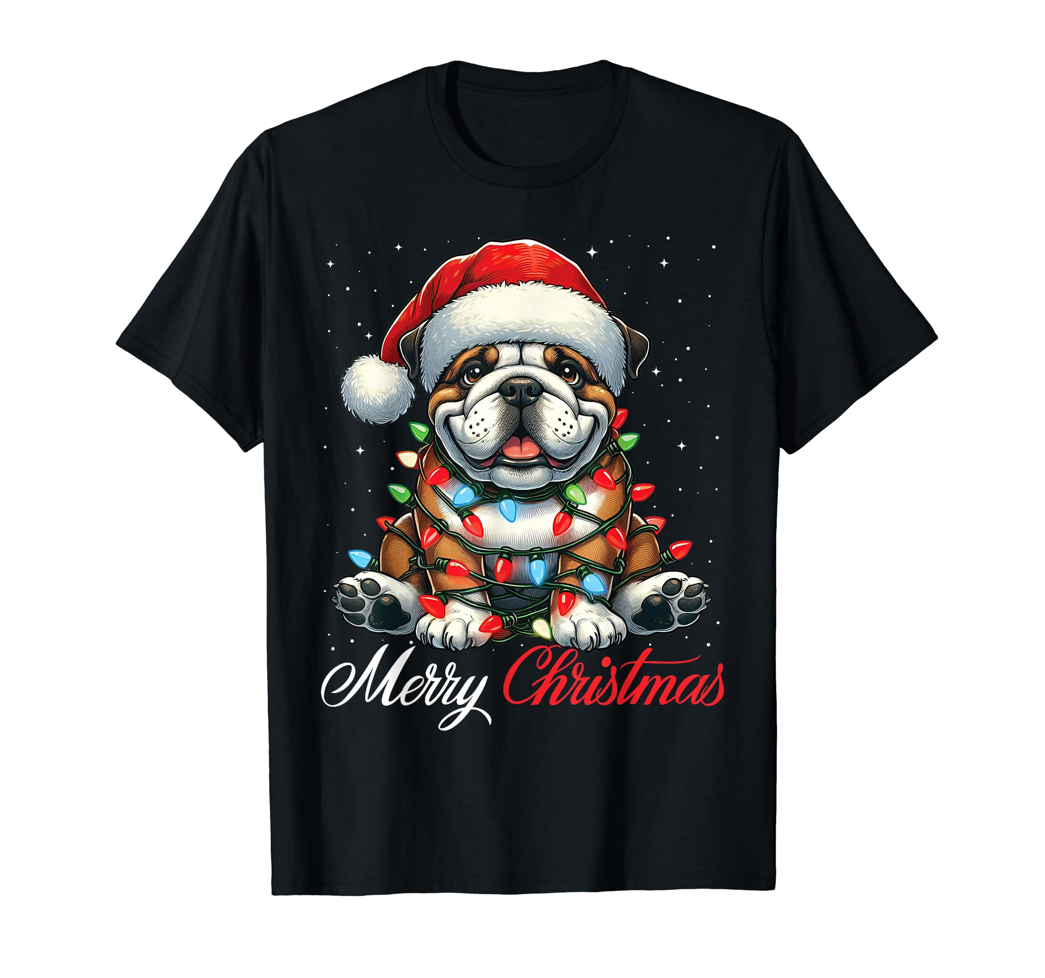 English Bulldog Merry Lights Santa T-Shirt - Minimalist Print for Adults - T-Shirt, Sweatshirt, Hoodie