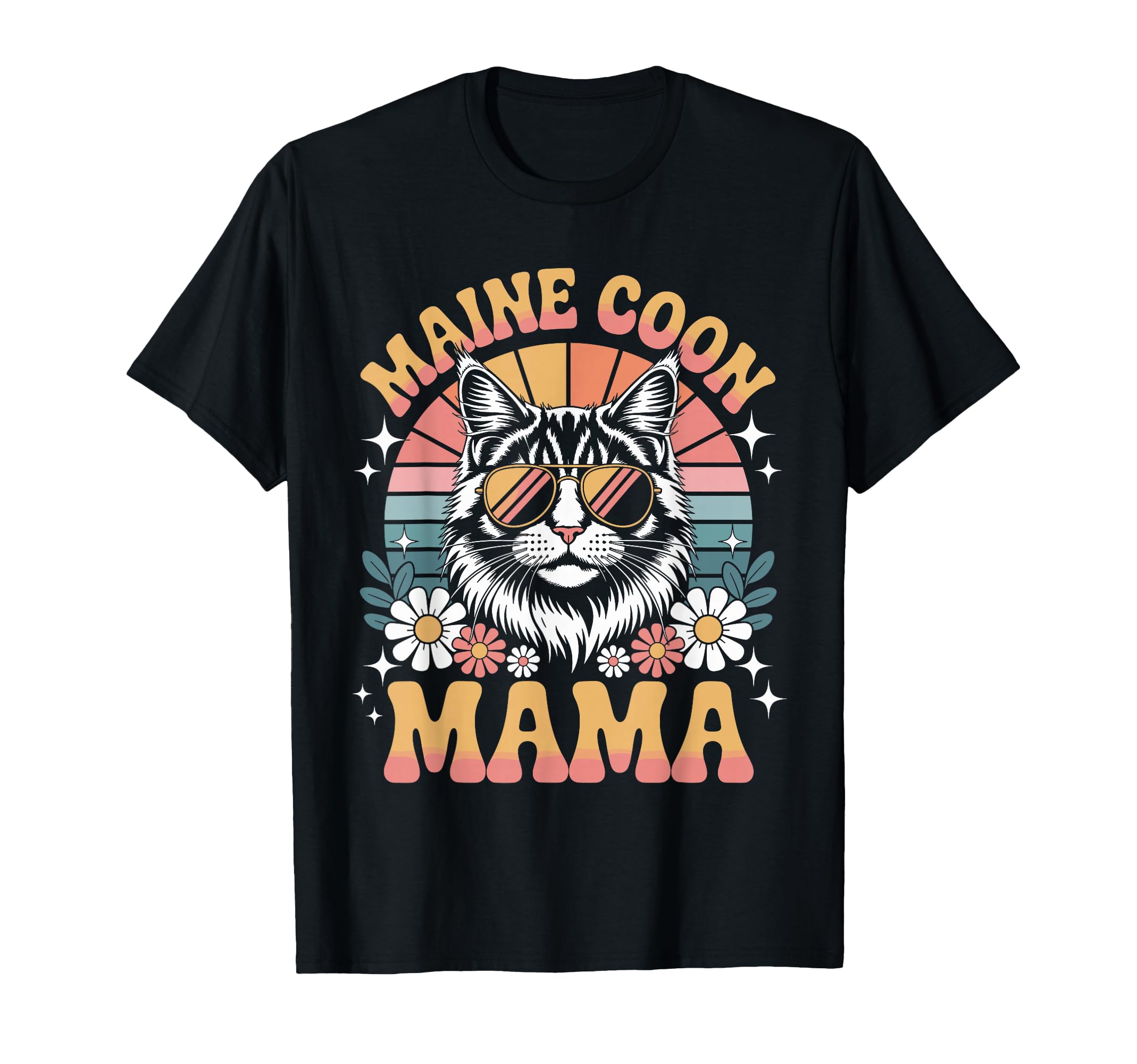 Maine Coon Cat Mama Floral 60S 70S T-Shirt - Graphic Print for Adults - T-Shirt, Sweatshirt, Hoodie