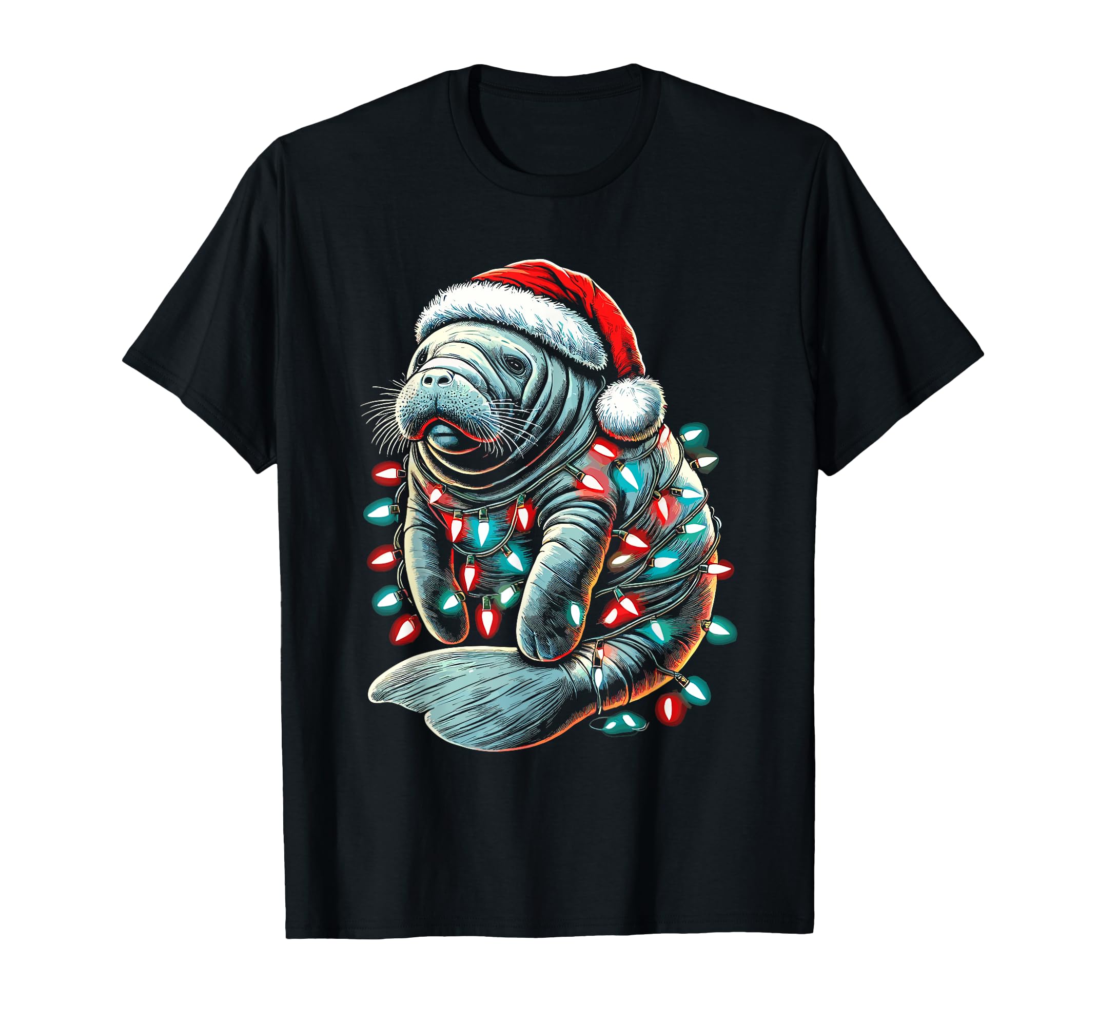 Manatee Santa Hat Lights Pajama Funny T-Shirt - Unique Graphic for Adults - T-Shirt, Sweatshirt, Hoodie