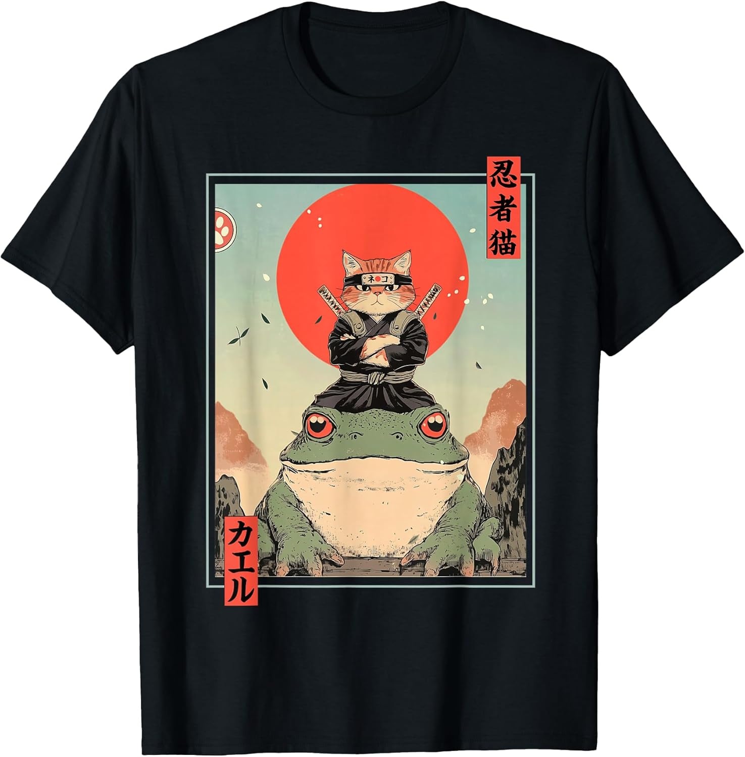 Japanese Ninja Cat and Frog Retro Anime Style Graphic - Adult & Kids T-Shirts, Sweatshirts & Hoodies apparel design preview 1