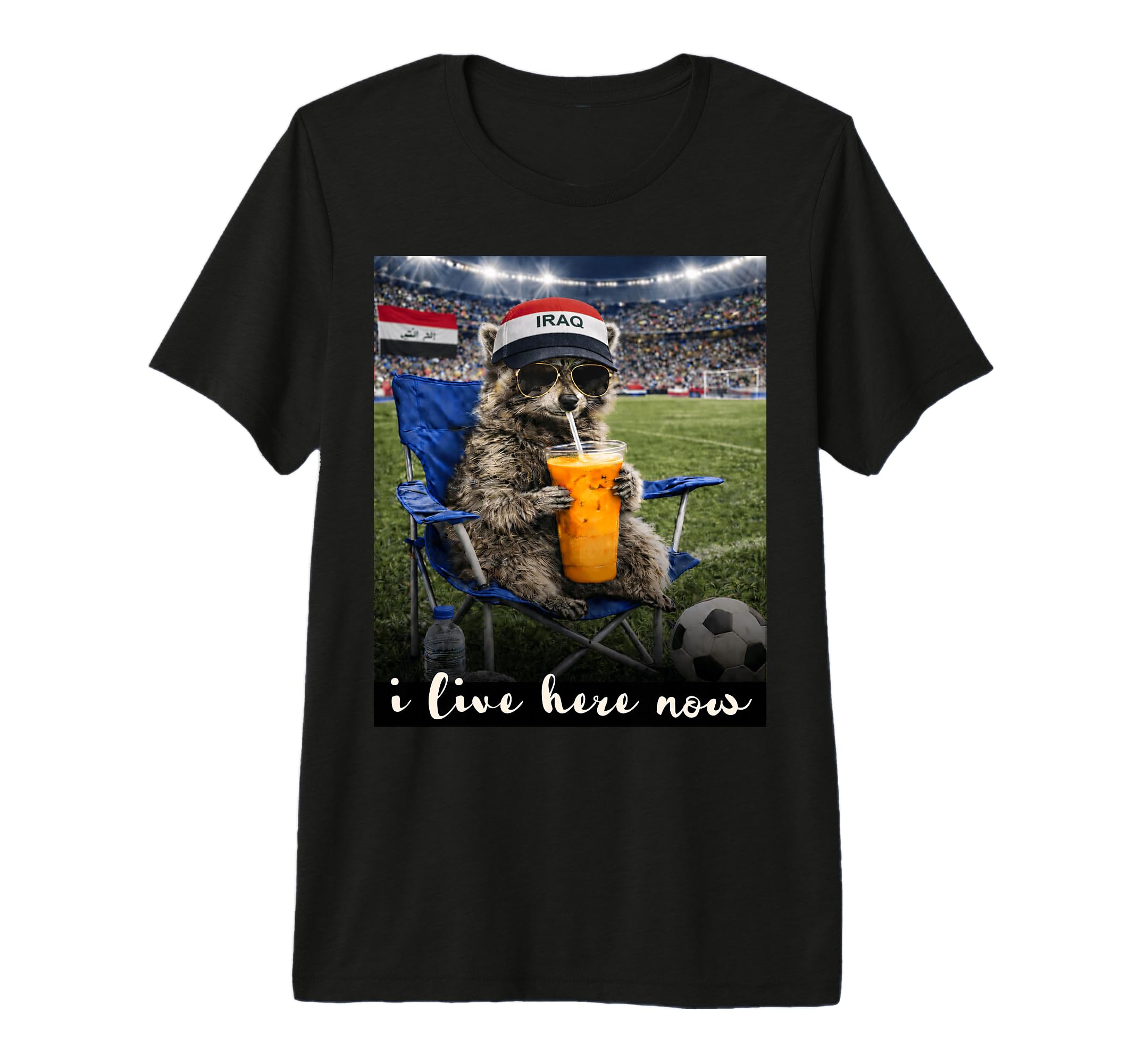 Funny Raccoon Iraq Soccer Fan Futbol Tri T-Shirt - Graphic Print Unisex - T-Shirt, Sweatshirt, Hoodie