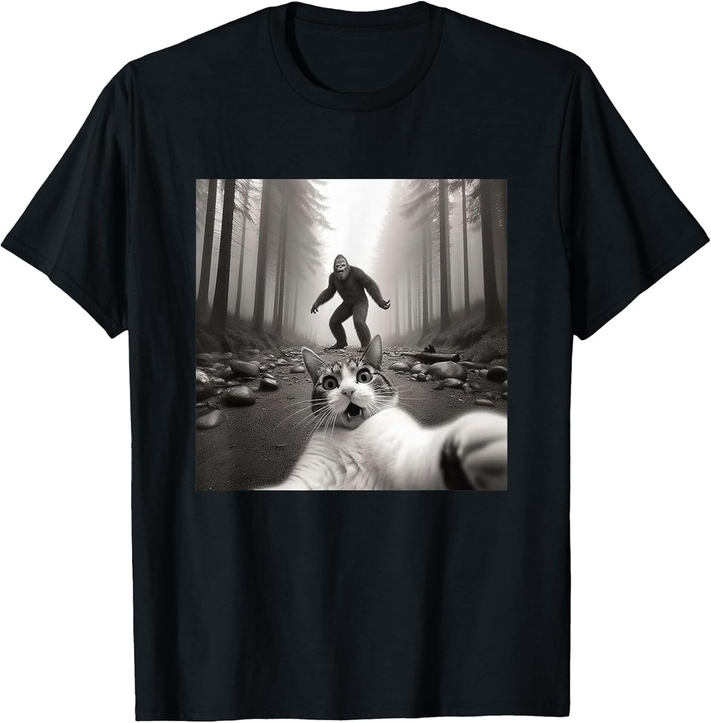 Funny Surprised Scared Cat Selfie with Sasquatsch - Adult & Kids T-Shirts, Sweatshirts & Hoodies apparel design preview 1