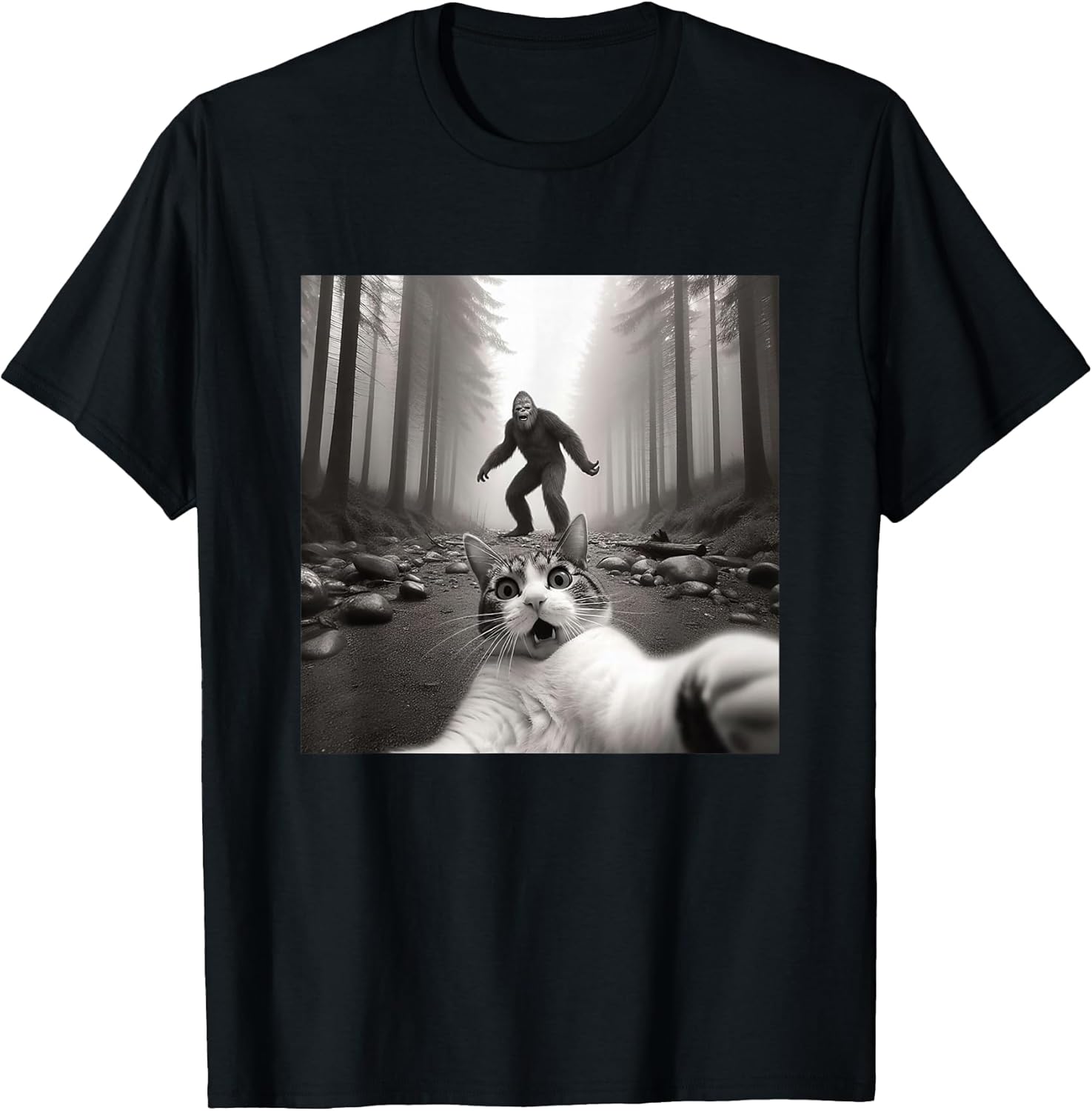 Funny Surprised Scared Cat Selfie with Sasquatsch - Adult & Kids T-Shirts, Sweatshirts & Hoodies apparel design preview 1