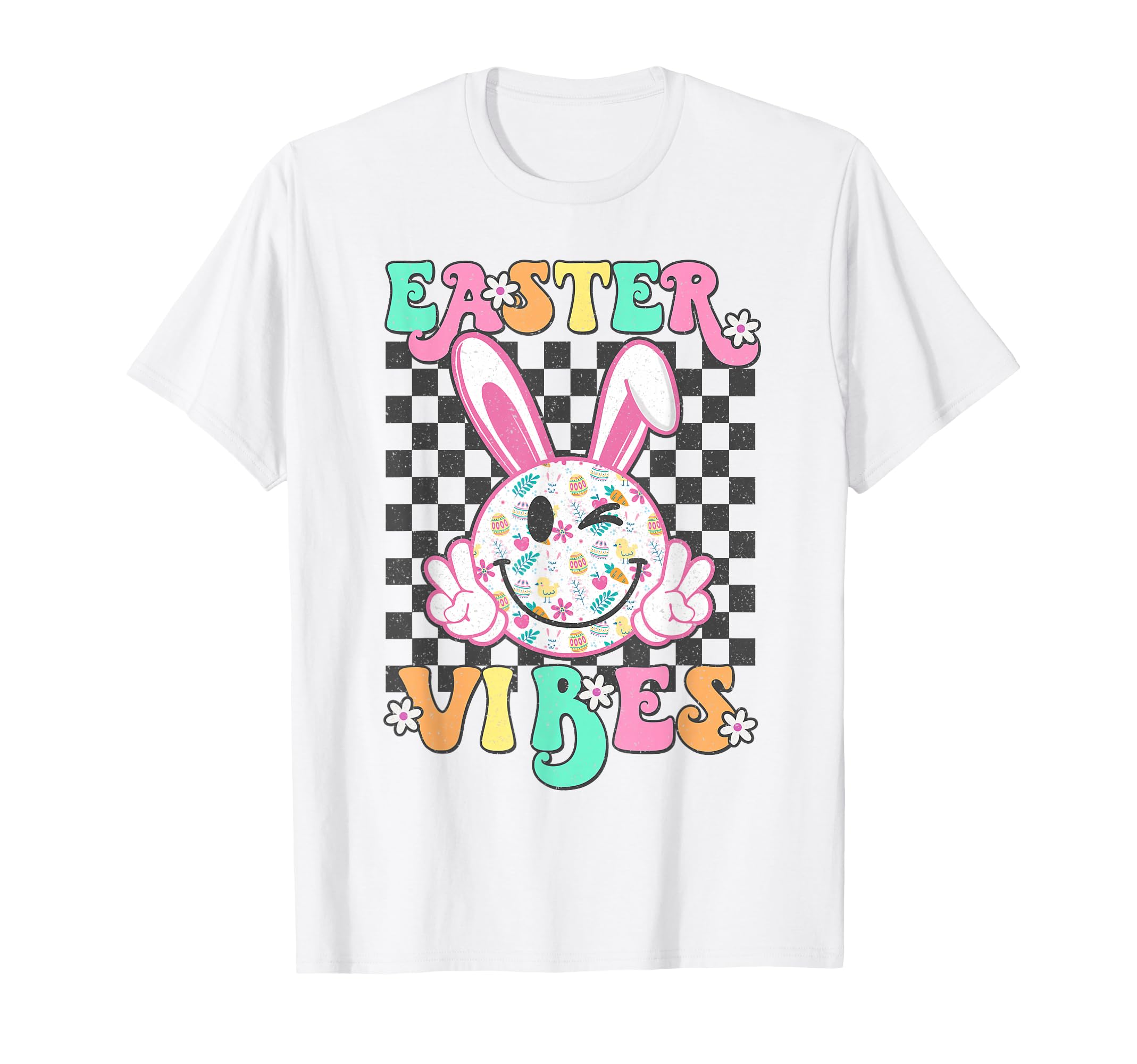 Groovy Easter Vibes Bunny Checkered T-Shirt - Minimalist Print Men Women - T-Shirt, Sweatshirt, Hoodie