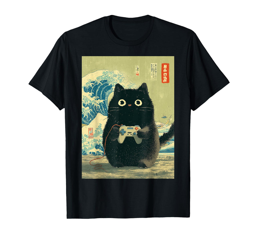 Japanese Black Gamer Cat Video Games T-Shirt - Unique Graphic Men Women - T-Shirt, Sweatshirt, Hoodie