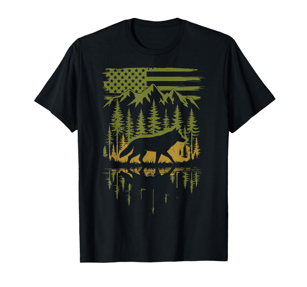 Wolf Usa Flag Mountain Outdoor T-Shirt - Aesthetic Graphic for Adults - T-Shirt, Sweatshirt, Hoodie