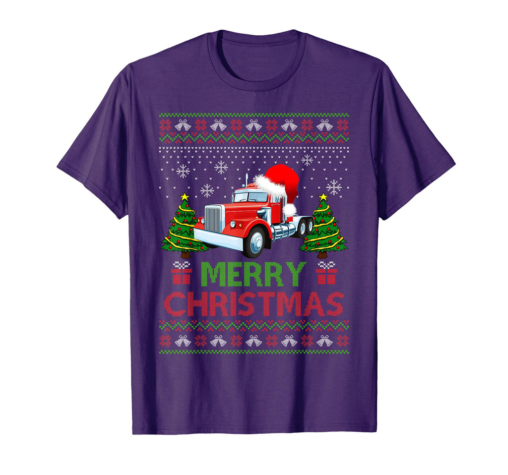Merry Red Semi Truck Santa Hat Ugly T-Shirt - Aesthetic Graphic for Adults - T-Shirt, Sweatshirt, Hoodie