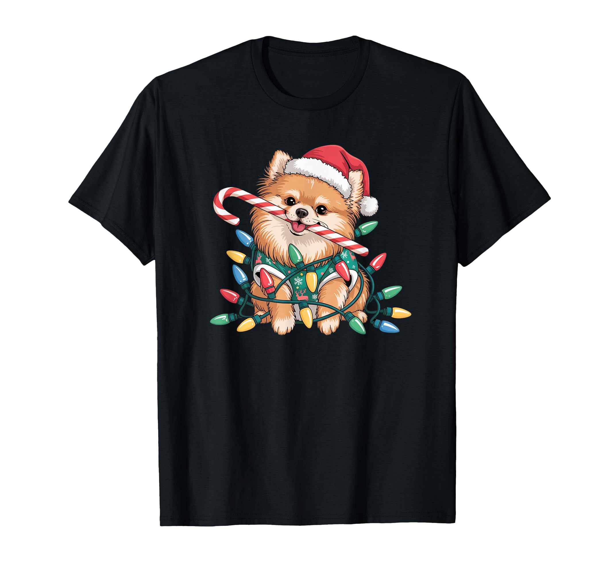 Pomeranian Puppy Lights Santa Hat Candy T-Shirt - Graphic Print Men Women - T-Shirt, Sweatshirt, Hoodie