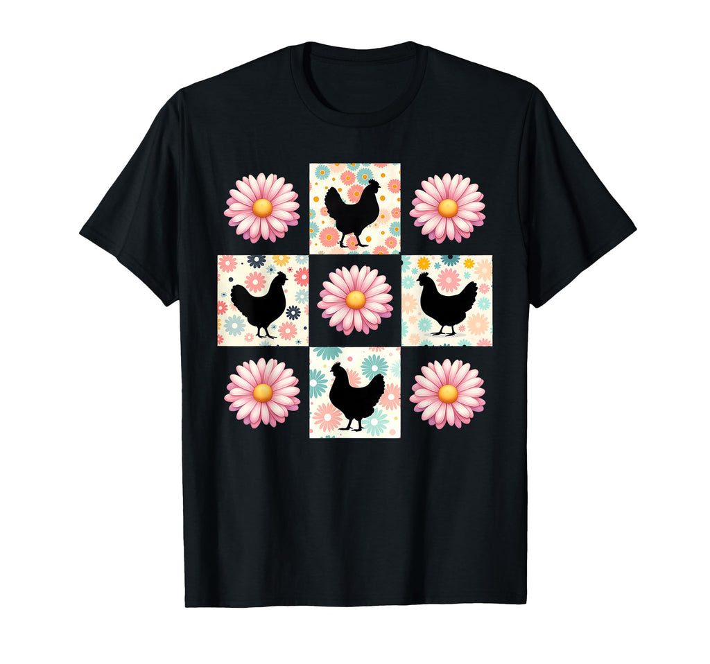 Checkerboard Chicken Daisy Flower T-Shirt - Novelty Apparel Unisex - T-Shirt, Sweatshirt, Hoodie