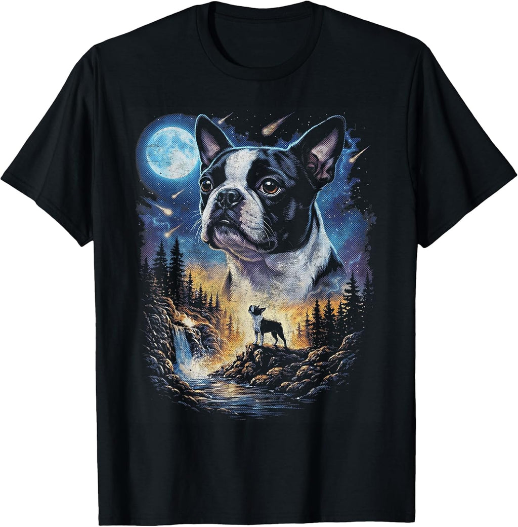 Boston Terrier Howling at The Moon Vintage Dog Art - Adult & Kids T-Shirts, Sweatshirts & Hoodies apparel design preview 1