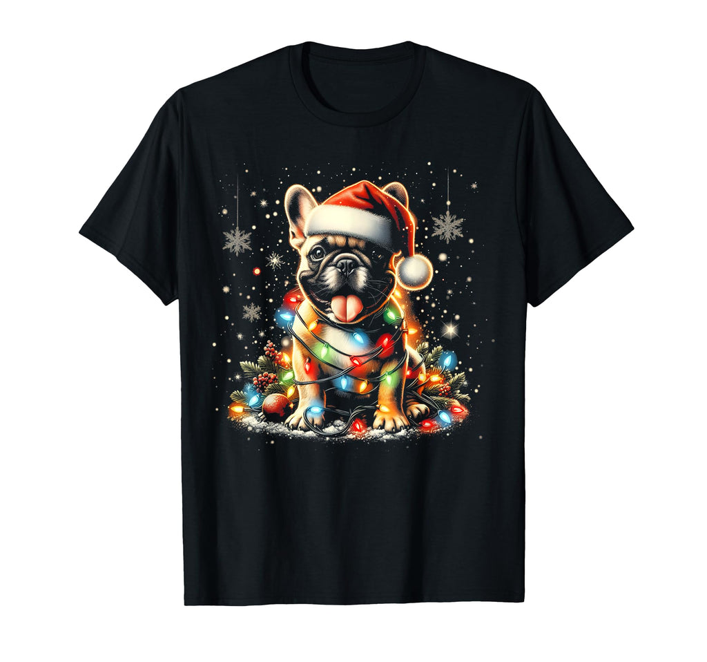 Frenchie French Bulldog Santa Hat Lights T-Shirt - Graphic Print Men Women - T-Shirt, Sweatshirt, Hoodie