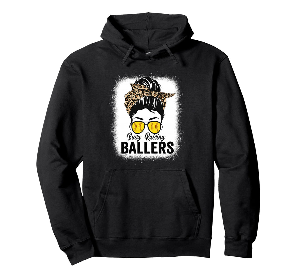 Busy Raising Ballers Softball Messy Bun Hoodie - Unique Graphic Men Women - T-Shirt, Sweatshirt, Hoodie
