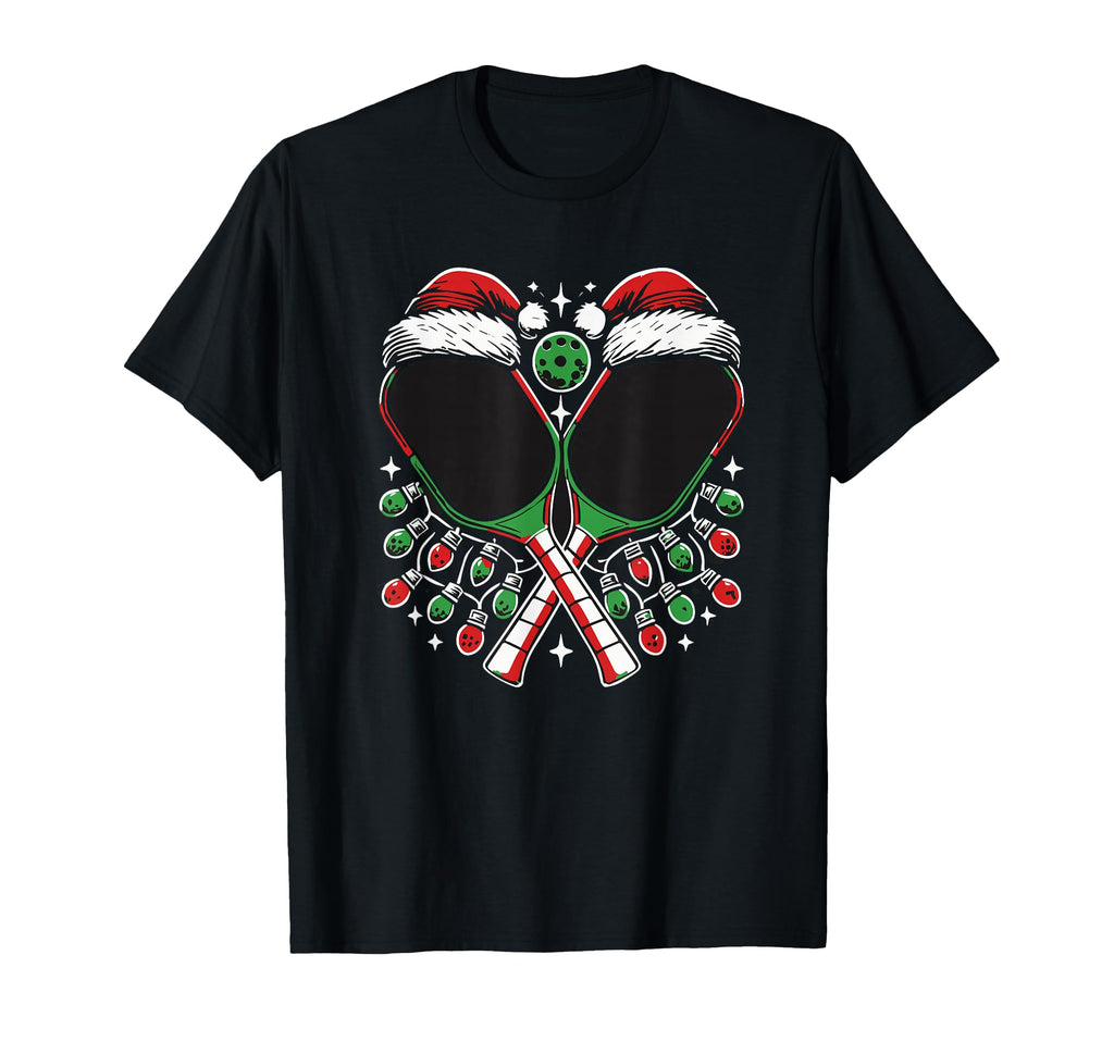 Pickleball Paddle Santa Hat Lights T-Shirt - Custom Art Print Unisex - T-Shirt, Sweatshirt, Hoodie