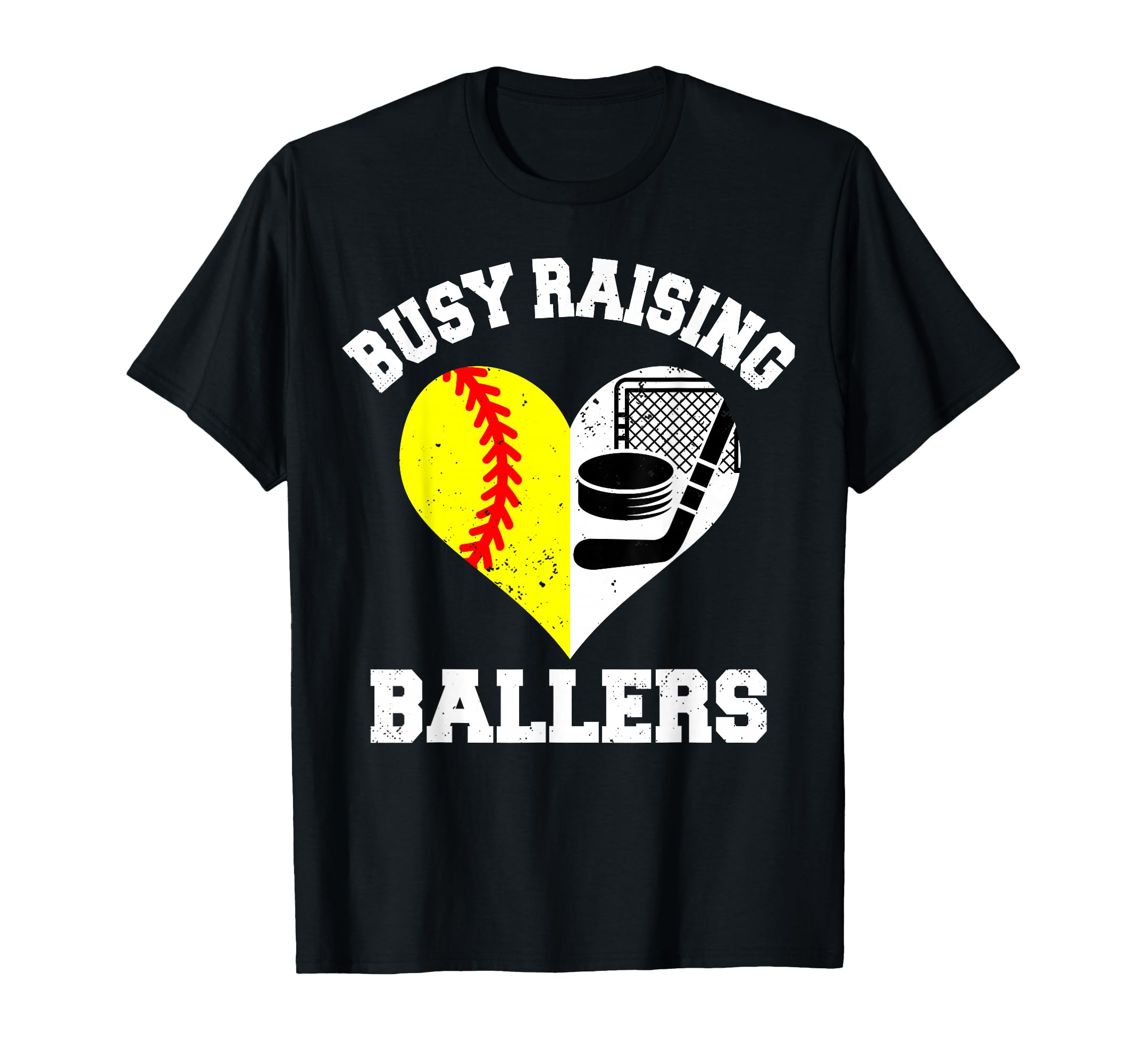 Busy Raising Ballers Softball Hockey Heart T-Shirt - Graphic Print Unisex - T-Shirt, Sweatshirt, Hoodie