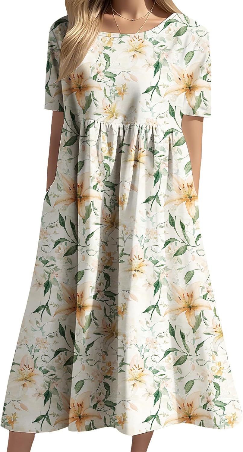 Women Boho Floral Midi Dress Short Sleeve Round Neck - Adult & Kids T-Shirts, Sweatshirts & Hoodies apparel design preview 1