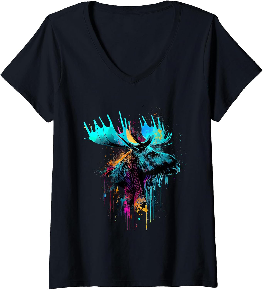Womens Moose Lovers Colorful Pop Art Beautiful V-Neck - Adult & Kids T-Shirts, Sweatshirts & Hoodies apparel design preview 1