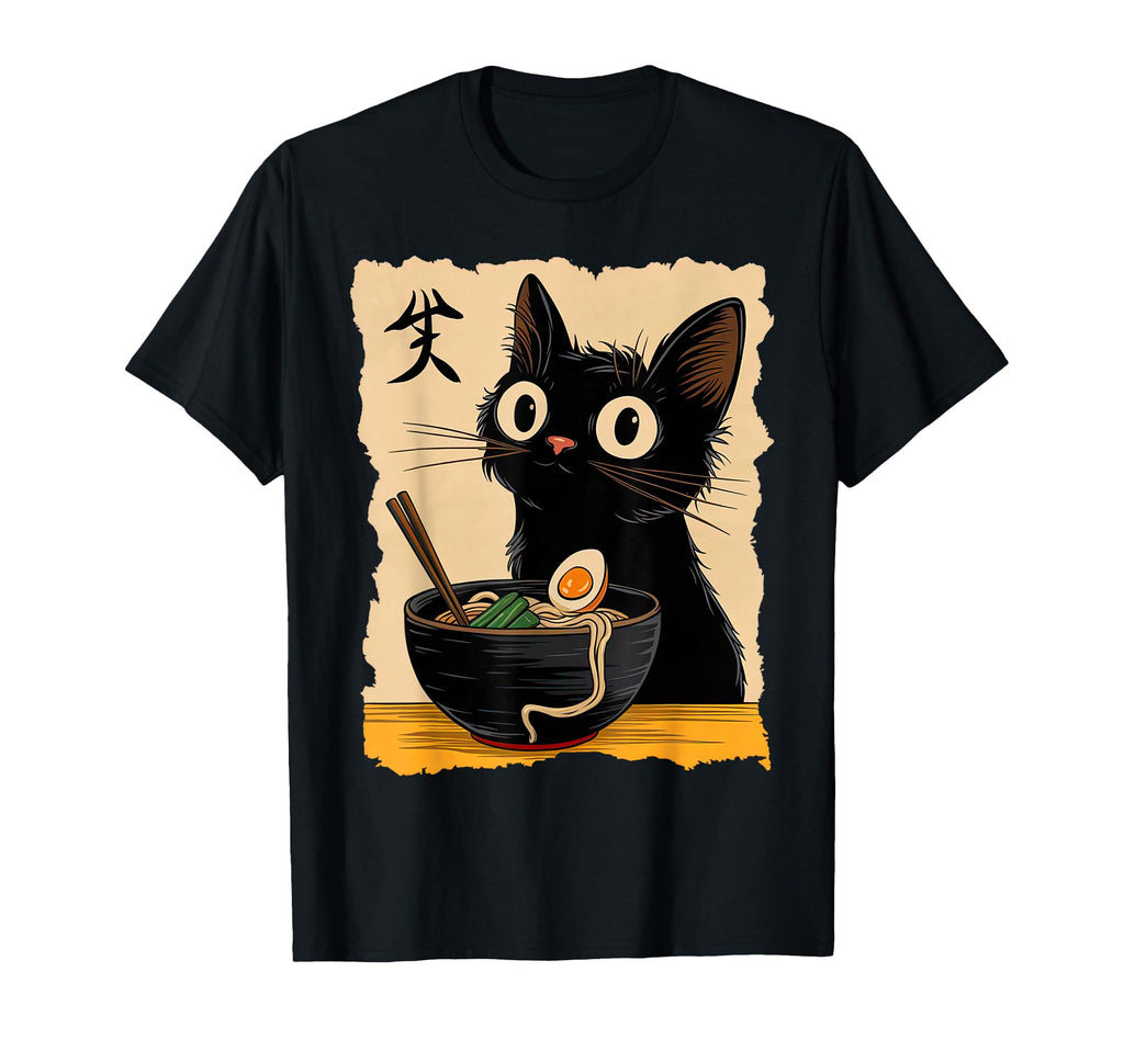Black Cat Eating Ramen Japanese T-Shirt - Streetwear Style for Adults - T-Shirt, Sweatshirt, Hoodie