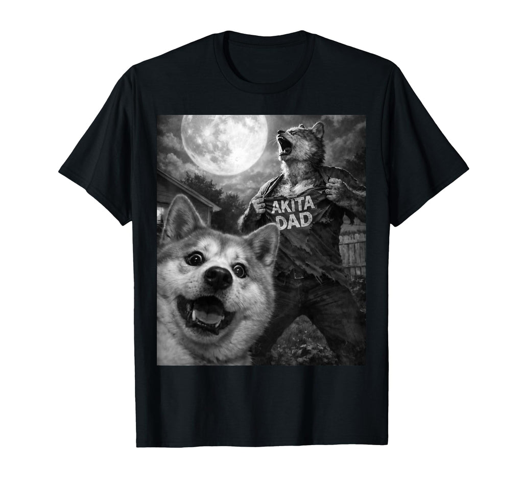 Akita Dad Funny Horror Mens Moon Selfie T-Shirt - Unique Graphic for Adults - T-Shirt, Sweatshirt, Hoodie