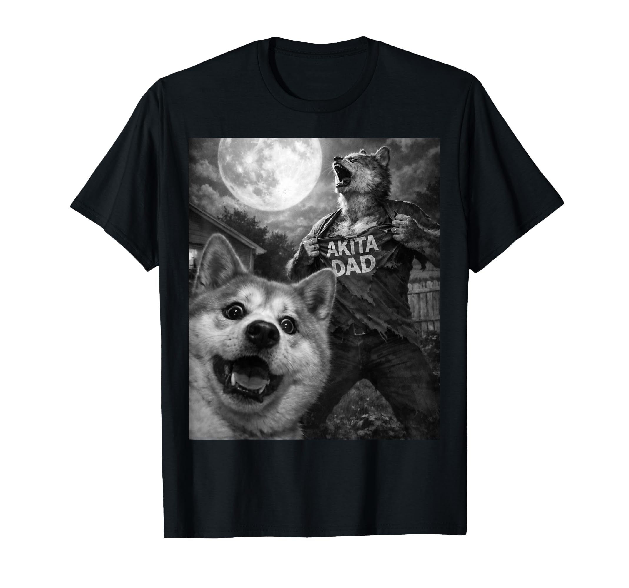Akita Dad Funny Horror Mens Moon Selfie T-Shirt - Unique Graphic for Adults - T-Shirt, Sweatshirt, Hoodie