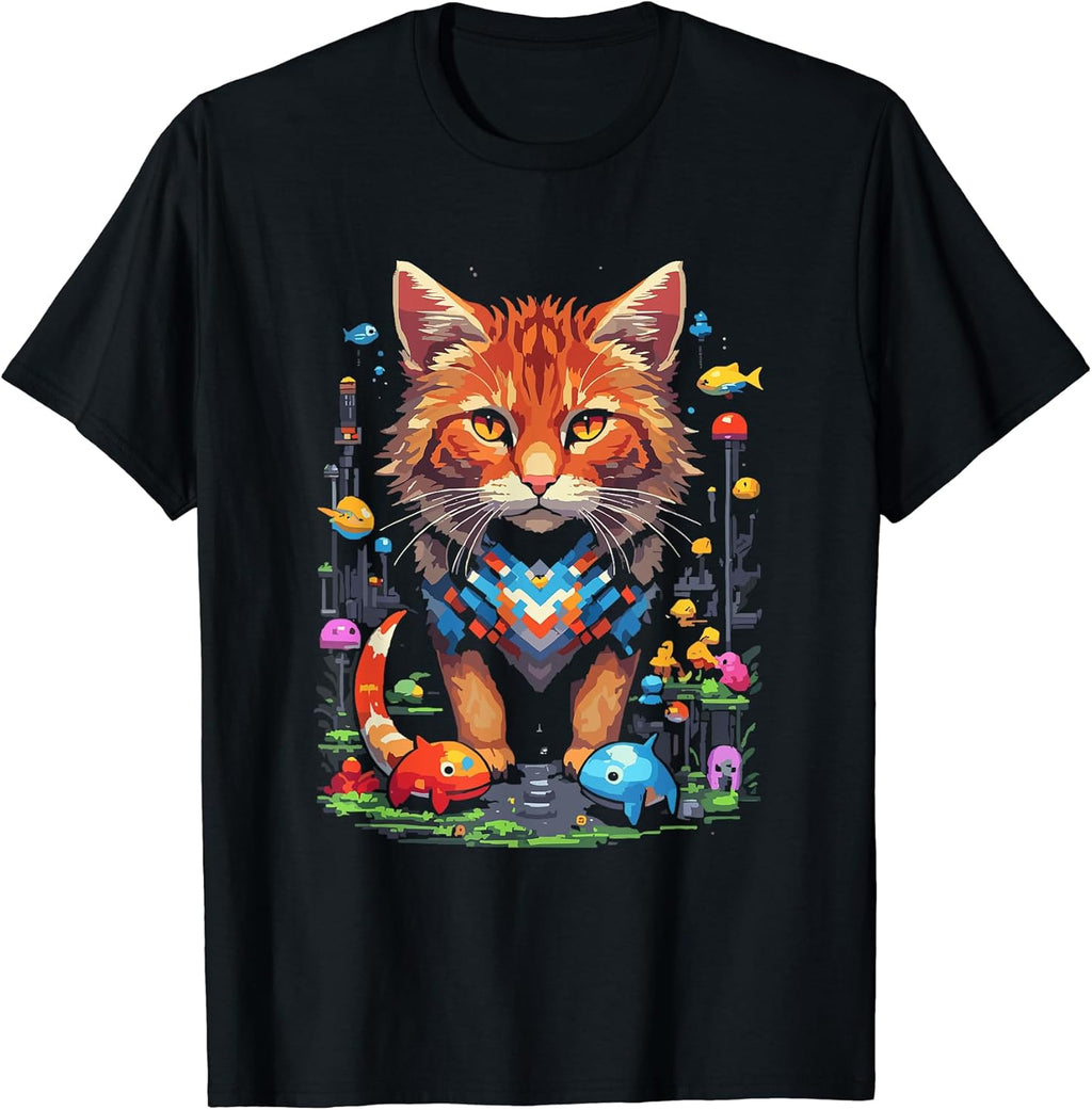Pixel Art Fantasy City with Fish and Cat - Adult & Kids T-Shirts, Sweatshirts & Hoodies apparel design preview 1