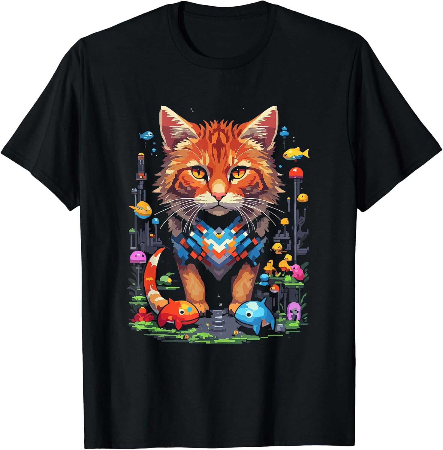 Pixel Art Fantasy City with Fish and Cat - Adult & Kids T-Shirts, Sweatshirts & Hoodies apparel design preview 1