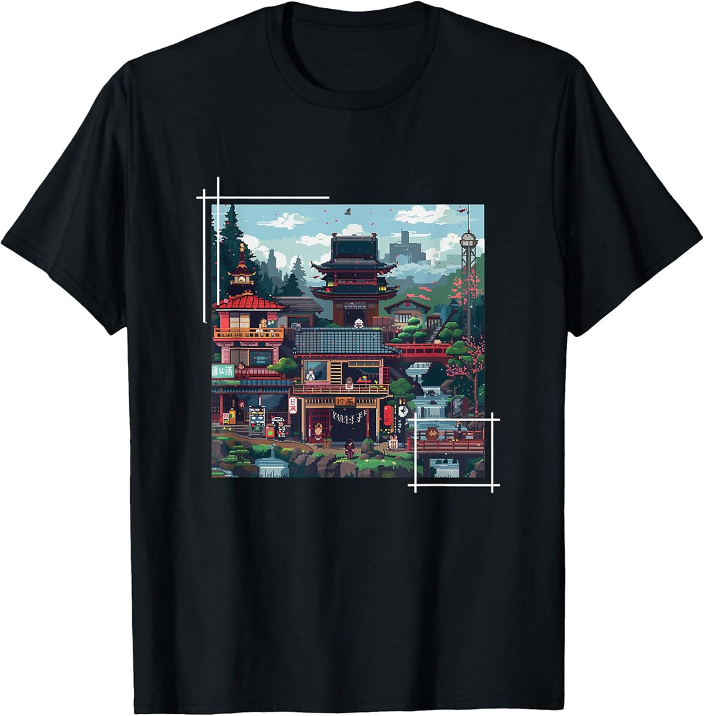 Japanese Pixel Art Village Retro Gaming Style - Adult & Kids T-Shirts, Sweatshirts & Hoodies apparel design preview 1