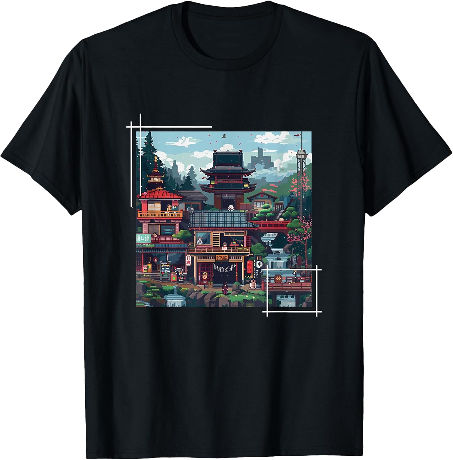 Japanese Pixel Art Village Retro Gaming Style - Adult & Kids T-Shirts, Sweatshirts & Hoodies apparel design preview 1