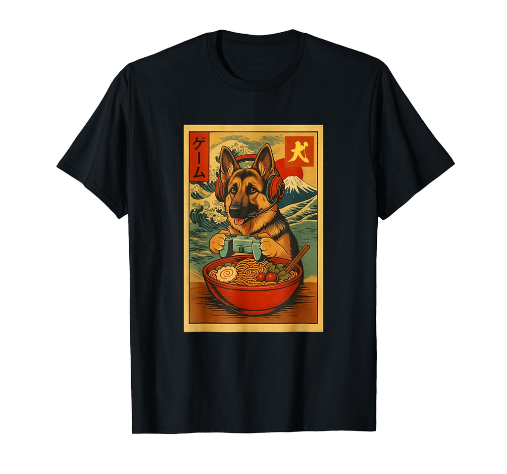 German Shepherd Gaming Ramen Ukiyo E T-Shirt - Streetwear Style Men Women - T-Shirt, Sweatshirt, Hoodie