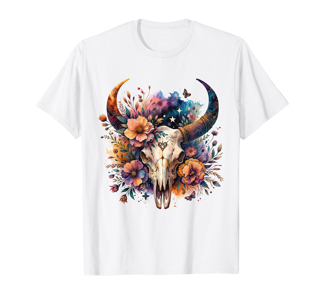 Boho Cow Skull Flowers Art Wild T-Shirt - Casual Everyday Wear for Adults - T-Shirt, Sweatshirt, Hoodie