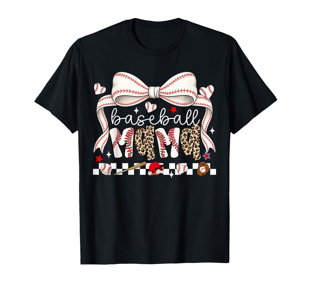 Baseball Mama Game Day Leopard Bow T-Shirt - Novelty Apparel for Adults - T-Shirt, Sweatshirt, Hoodie