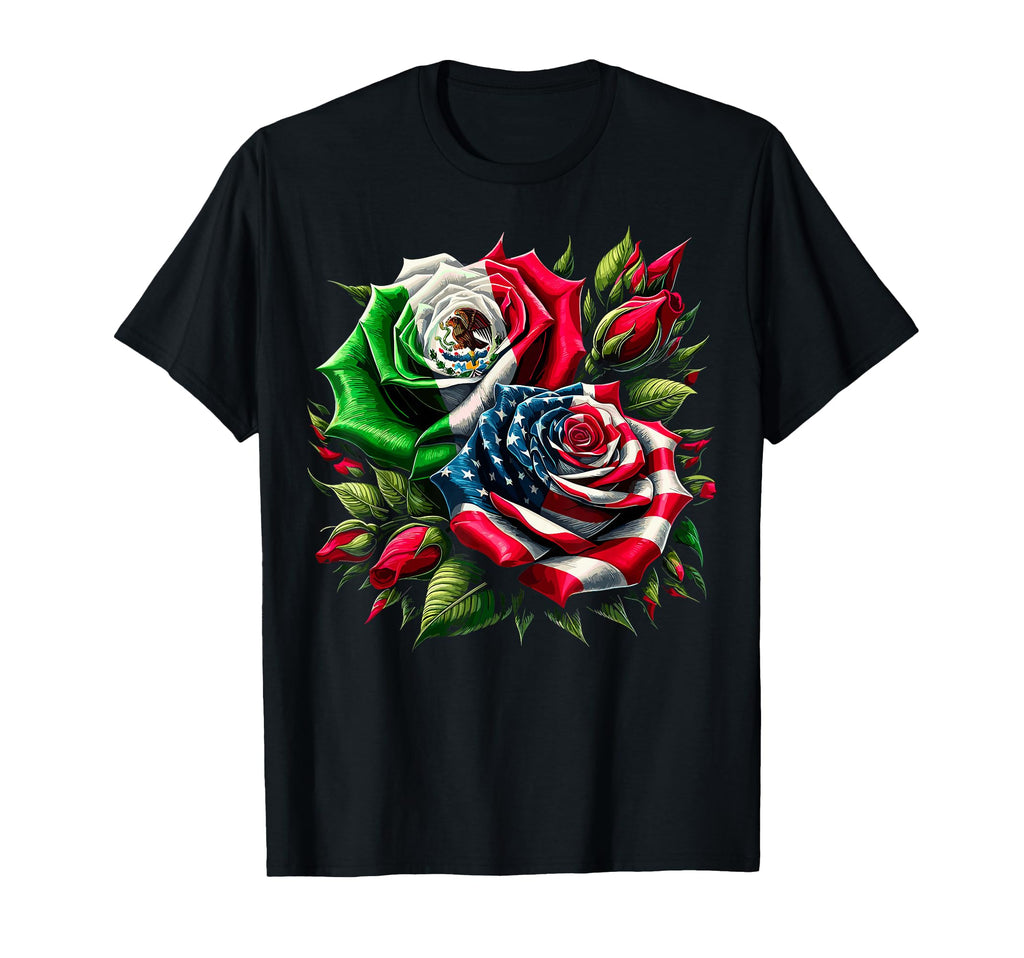 Mexican American Flag Rose T-Shirt - Novelty Apparel Unisex - T-Shirt, Sweatshirt, Hoodie