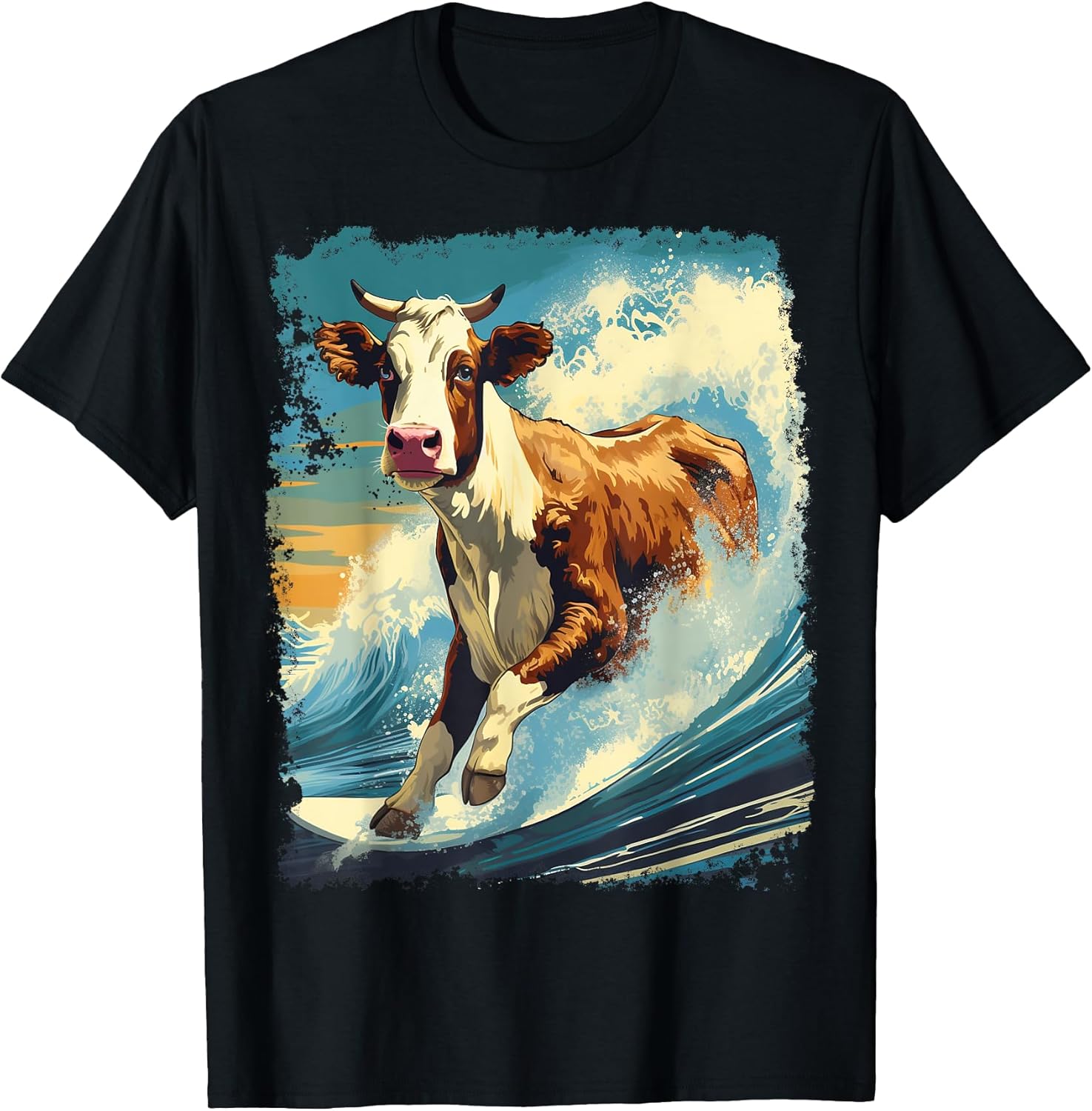 Pop Art Colorful Cow Surfing - Adult & Kids T-Shirts, Sweatshirts & Hoodies apparel design preview 1