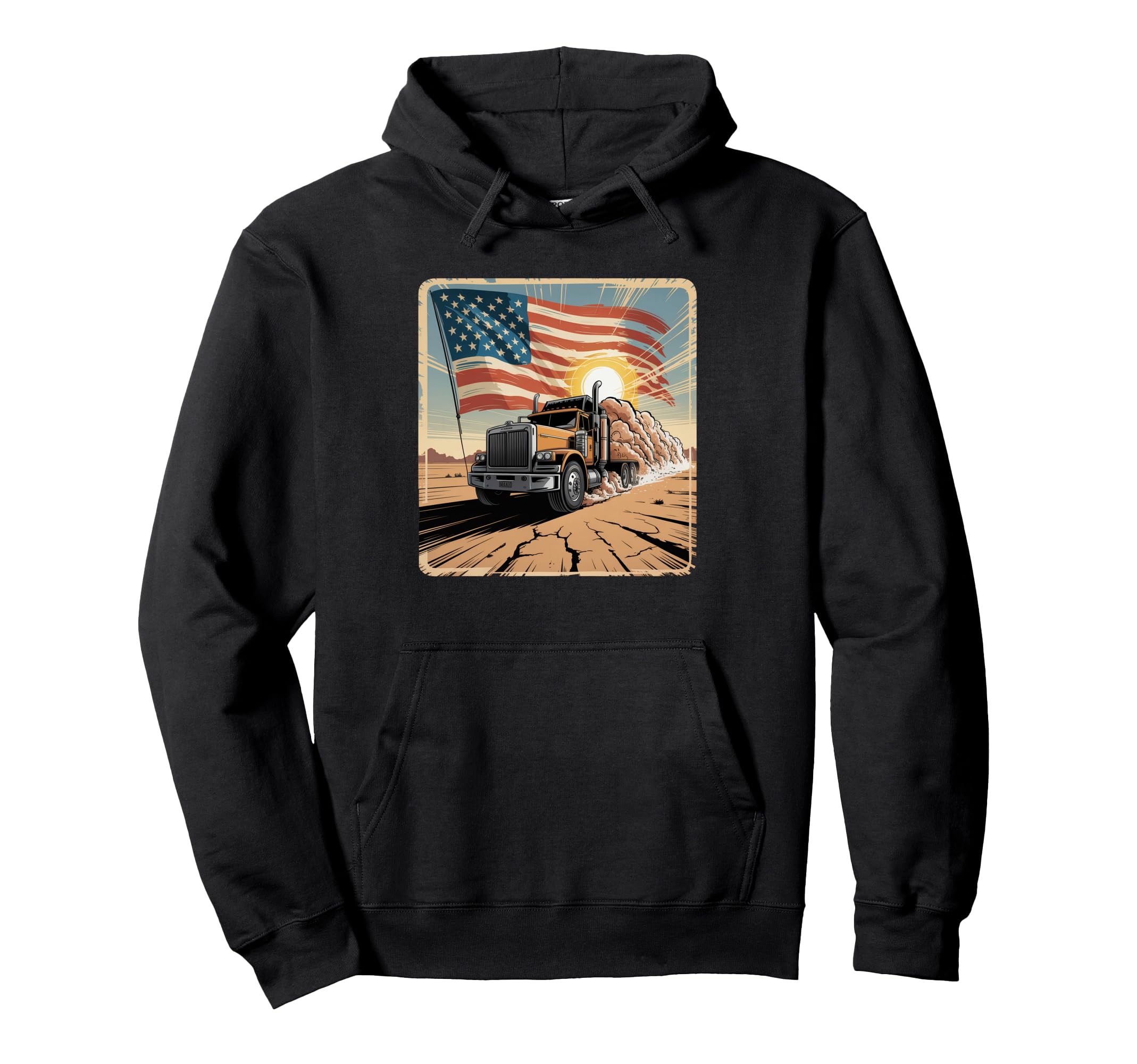 American Flag Trucker Dad Big Rig Trailer Hoodie - Graphic Print Men Women - T-Shirt, Sweatshirt, Hoodie