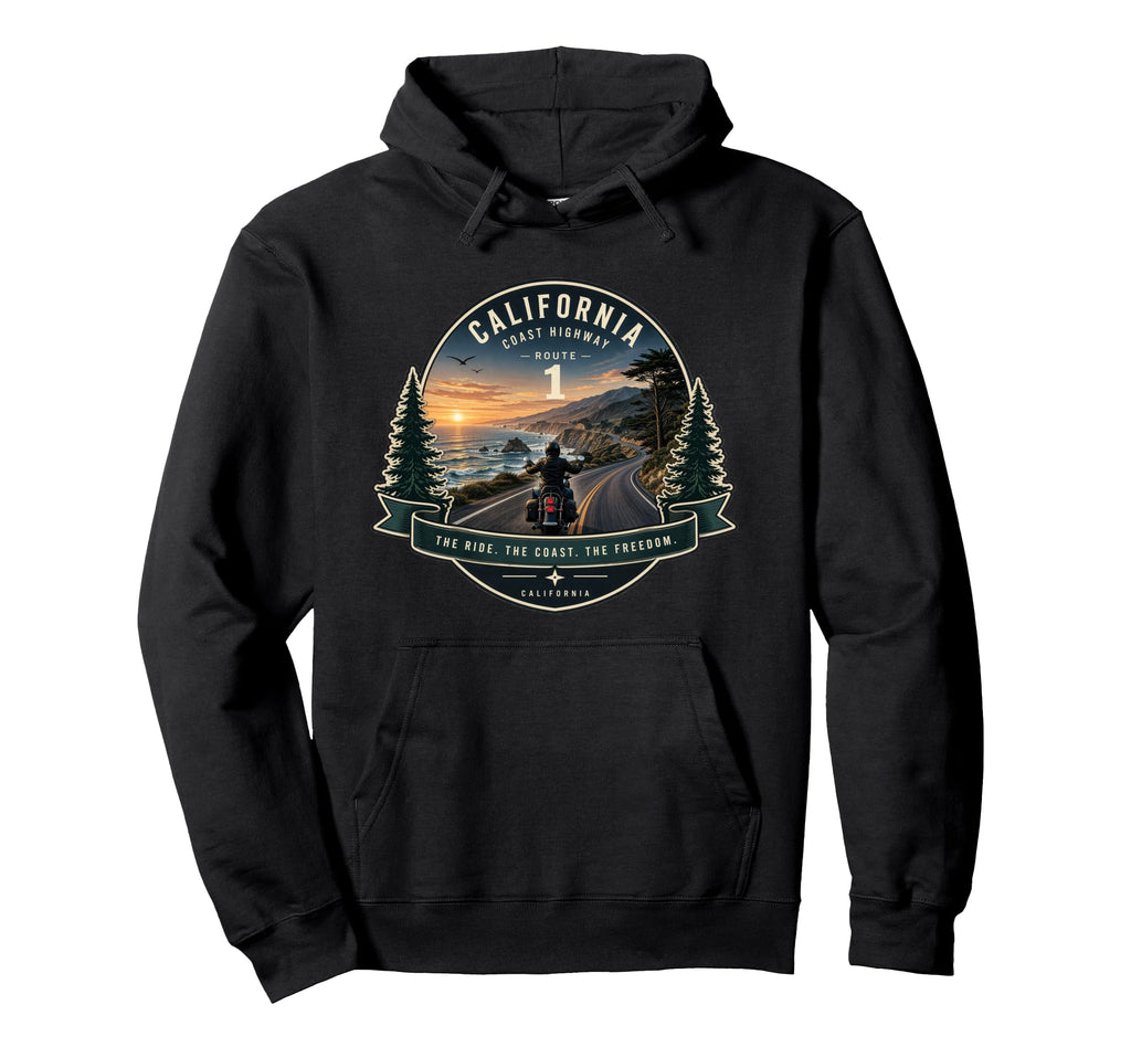 California Highway 1 Motorcycle Rider Hoodie - Casual Everyday Wear Unisex - T-Shirt, Sweatshirt, Hoodie