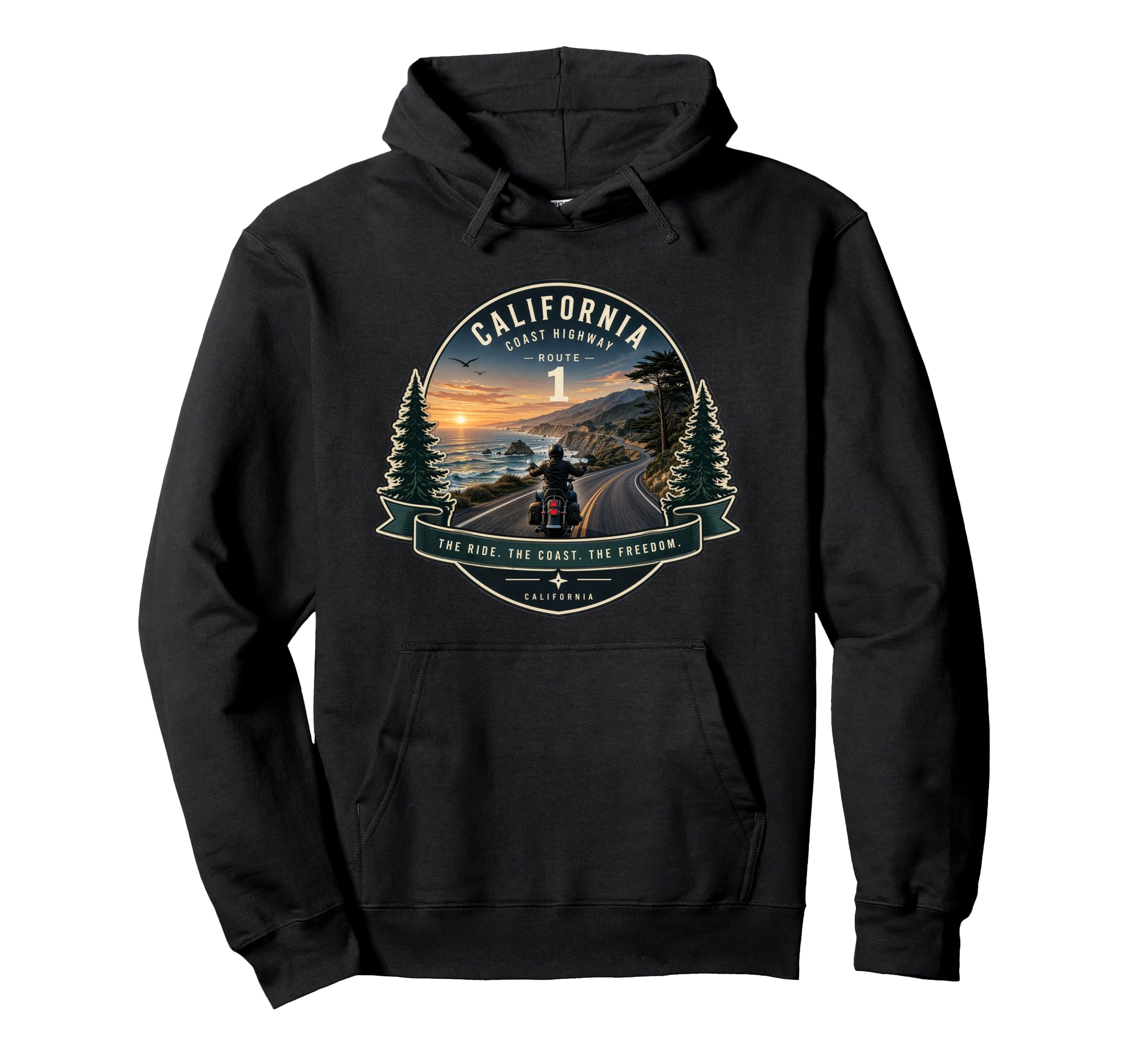 California Highway 1 Motorcycle Rider Hoodie - Casual Everyday Wear Unisex - T-Shirt, Sweatshirt, Hoodie