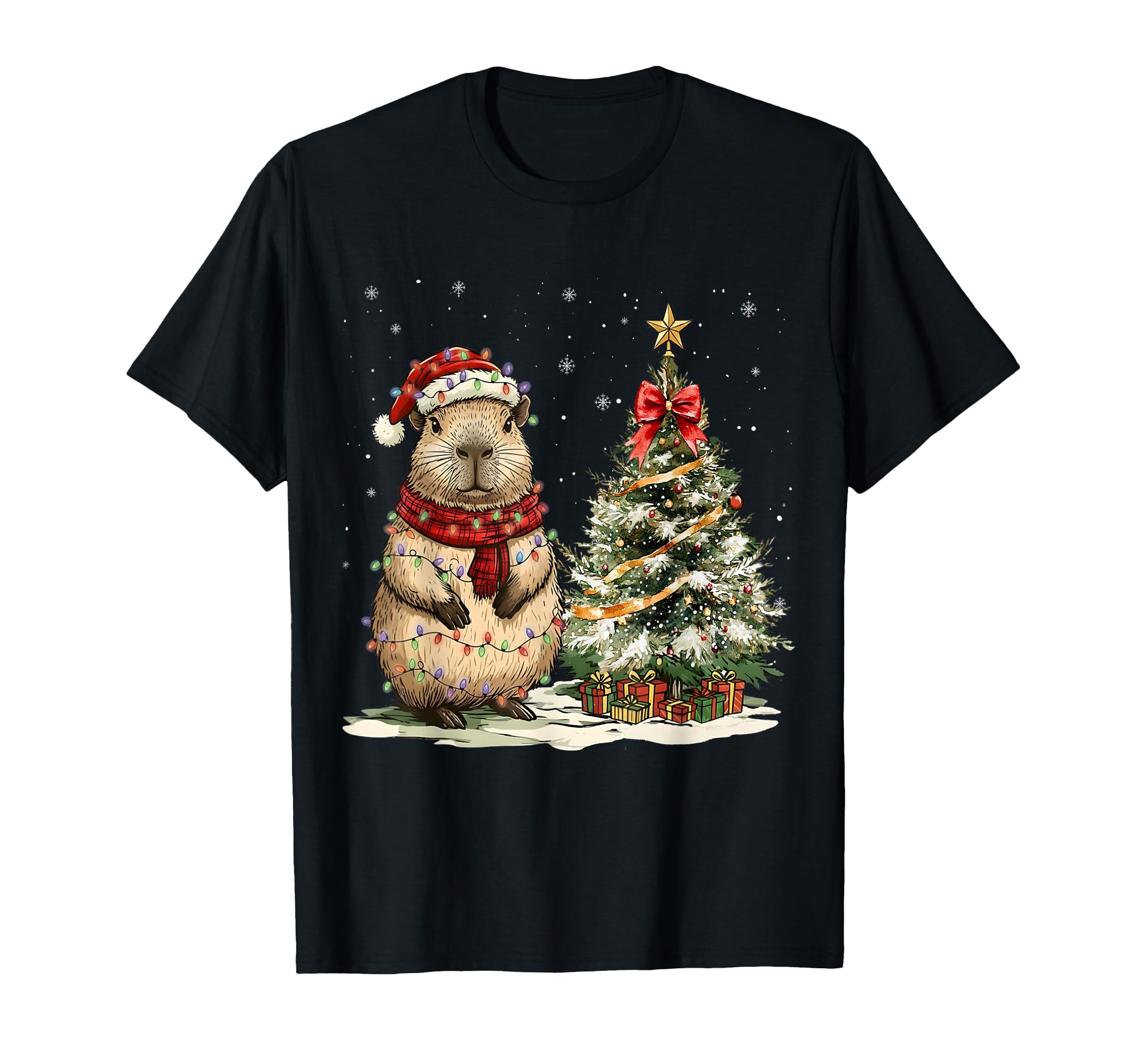 Capybara Santa Hat Lights Tree T-Shirt - Custom Art Print Men Women - T-Shirt, Sweatshirt, Hoodie