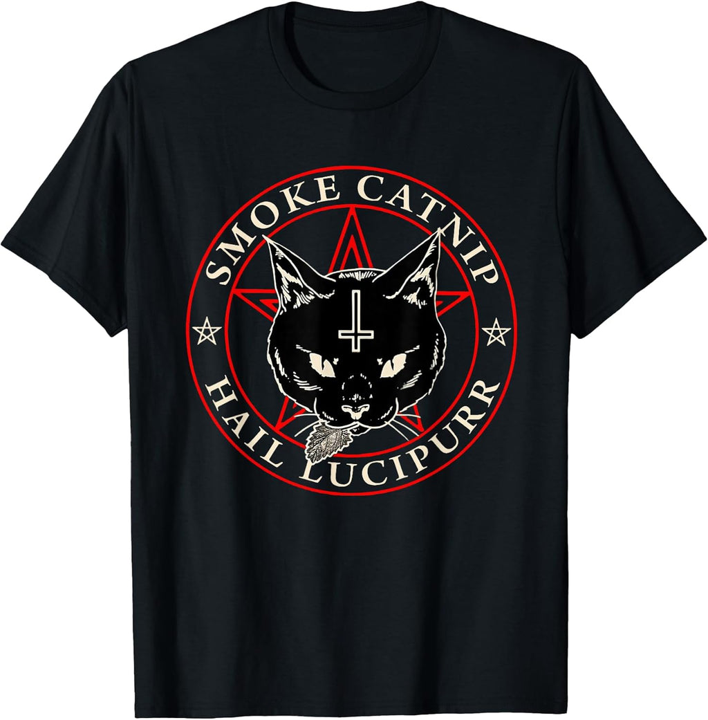 Satanic Black Cat Hail Satan Smoke Catnip Lucipurr - Adult & Kids T-Shirts, Sweatshirts & Hoodies apparel design preview 1