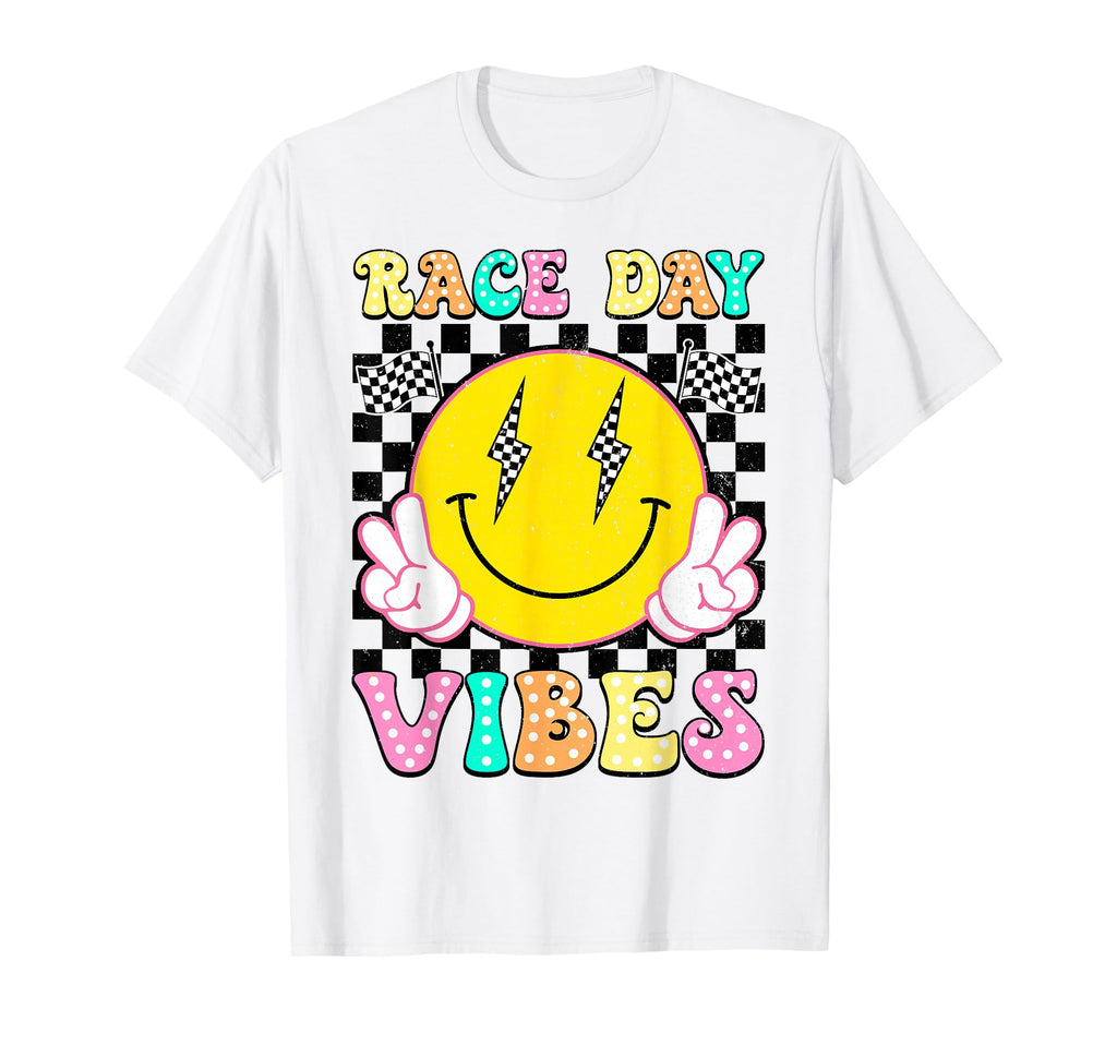 Race Day Vibes Checkered Flag Happy T-Shirt - Custom Art Print for Adults - T-Shirt, Sweatshirt, Hoodie